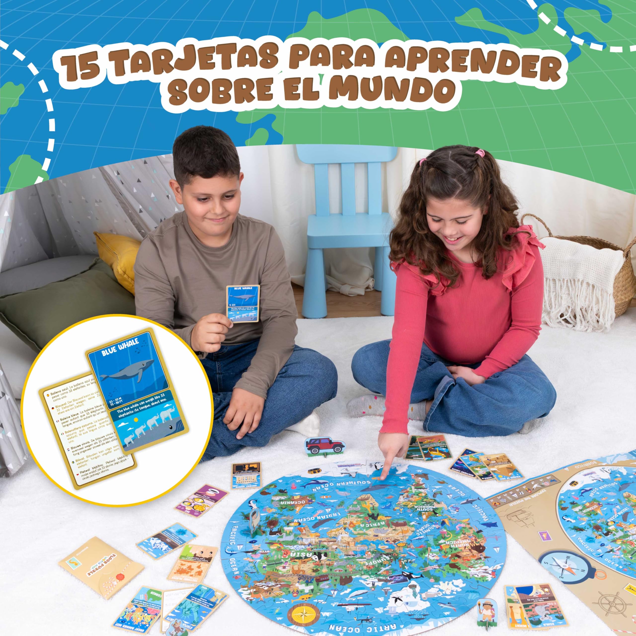 BONNYCO Puzzle XXL Mapa Mundi Niños con 70 Piezas Grandes. Rompecabezas Redondo con Animales, 58 x 58 cm, 15 Tarjetas, 4 Figuras y Guía. Juegos Educativos, Regalos, Juguetes Niños 4 Años