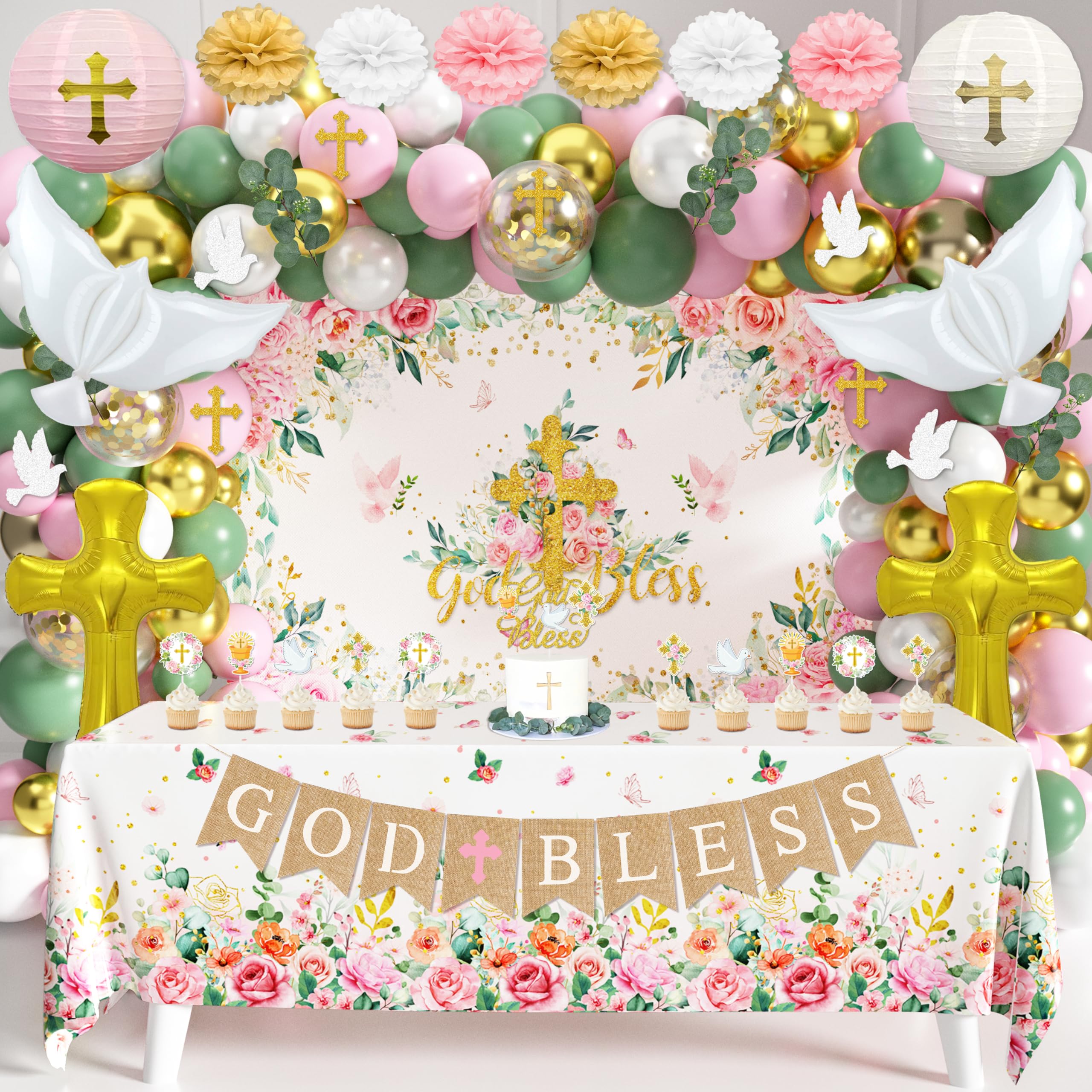 Mi Bautizo - Decoración De Fiesta Para Niñas, Decoración De Bautismo Rosa Con Mi Bautizo, Telón De Fondo De Confirmación, Decoración De Bautizo, Decoración De Fiesta De Bautismo Para Baby Shower