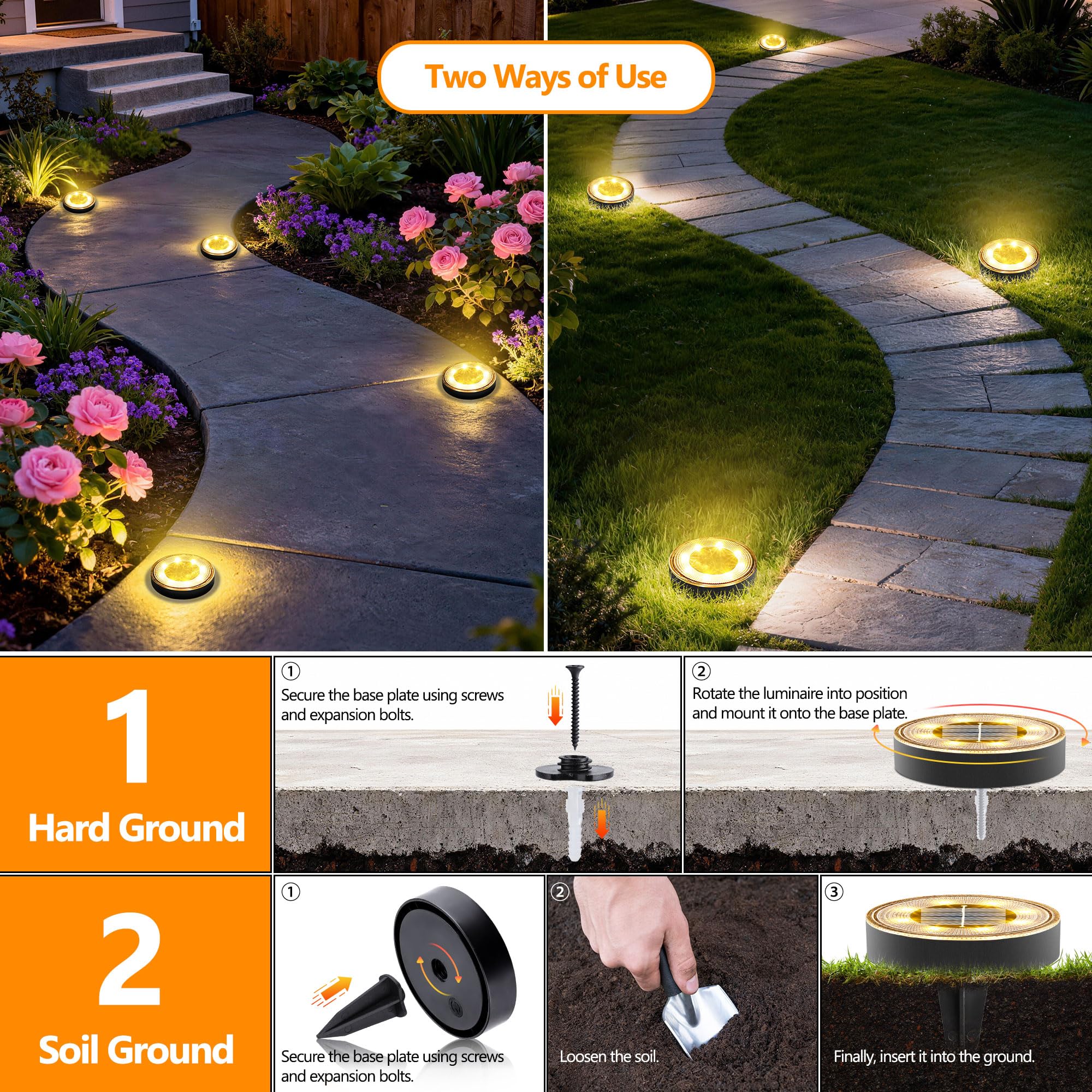 iBaycon Éclairage Solaire Extérieur Pour Jardin, Lampes Solaires Au Sol Blanc Chaud, Lot de 12 Lampes Étanches à 8 Led pour l'Éclairage des Allées, Des Cours, des Terrasses Et Des Pelouses