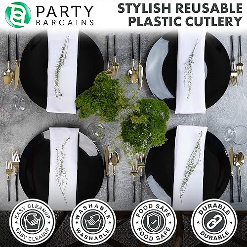 Miniatura 130 de Party Bargains Disposable Plastic Black Gold Cutlery Set, Infinity Modern Design Utensils, 40 Pack: 16 Forks, 8 Knives, 16 Spoons