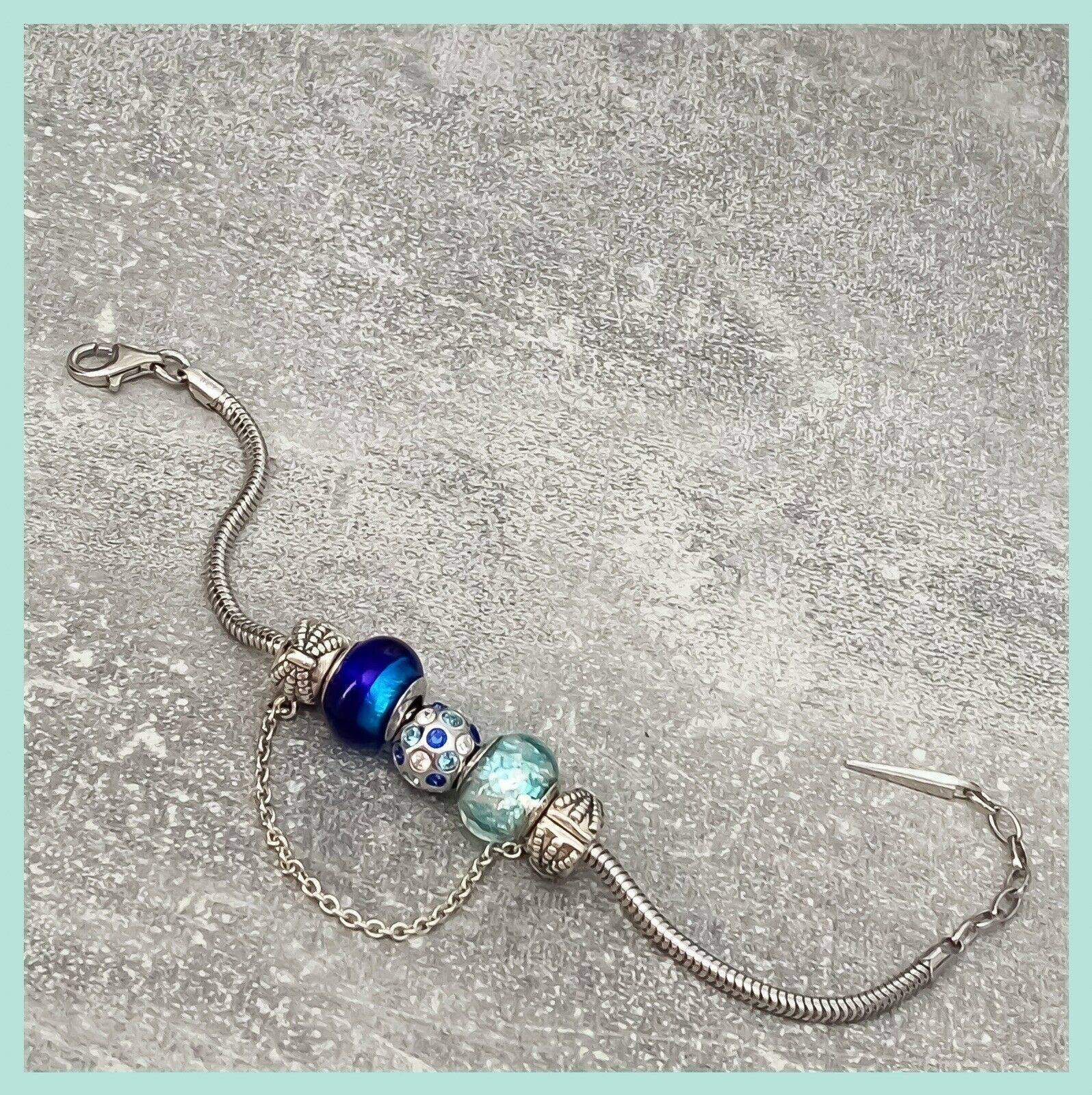 Bracciale Charm Gradiente di Blu Vetro di Murano Autentico & Argento 925 Rodiato, Taglia unica, Perla