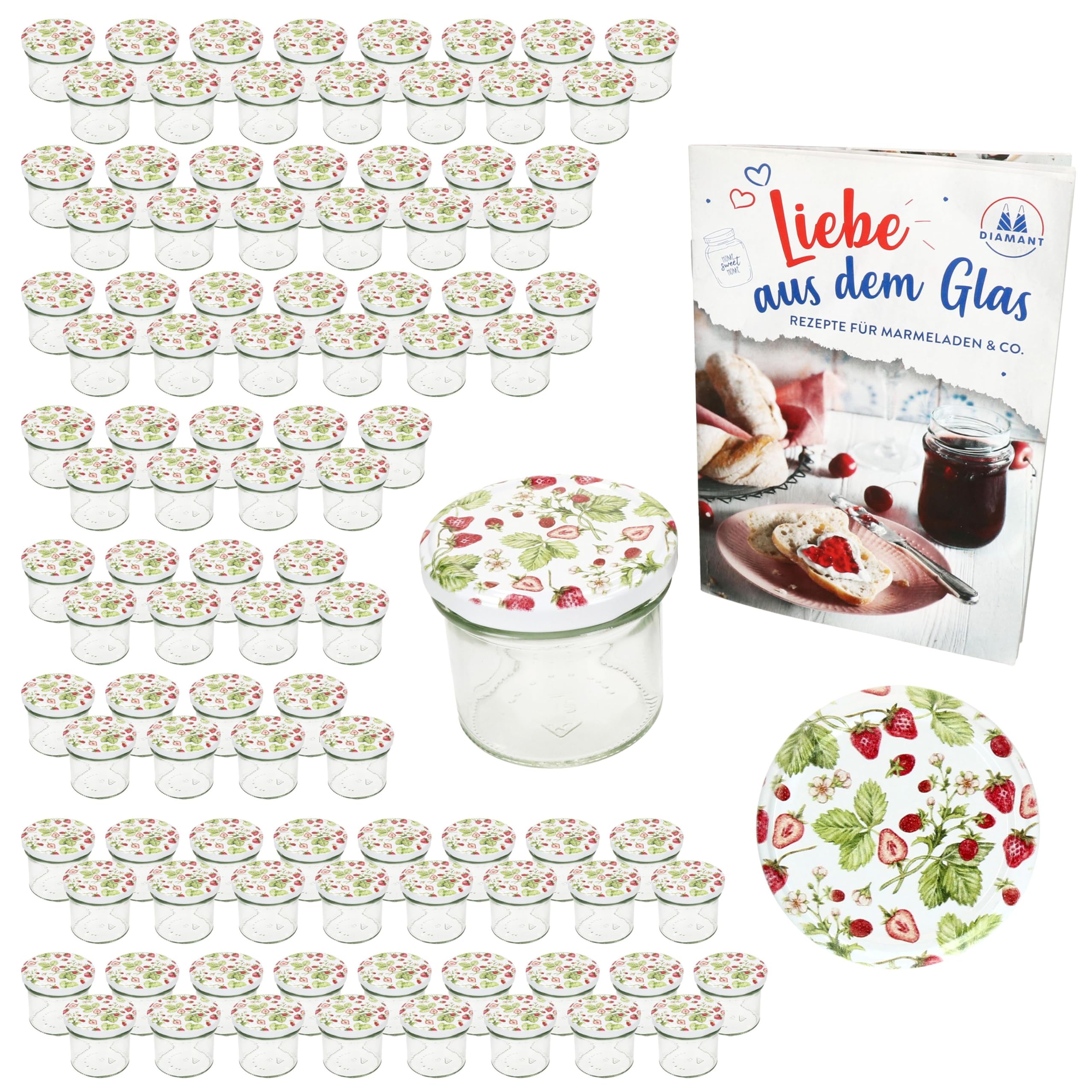 MamboCat 100er Set Sturzglas 125 ml mit Schraub-Deckel Wald-Erdbeere I Einmachgläser + to 66 Deckel mit Diamant-Zucker-Rezept I Vorratsgläser einkochen & konservieren