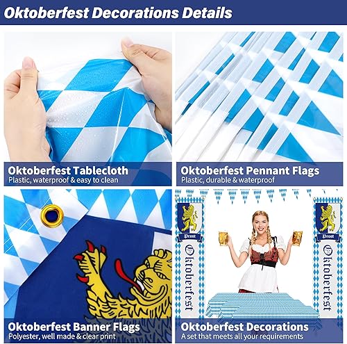 Miniatura 3 de Decoraciones de Oktoberfest, banderas colgantes de octubre de 65.6 pies, manteles y pancartas de letrero, banderas bávaras del Oktoberfest, manteles