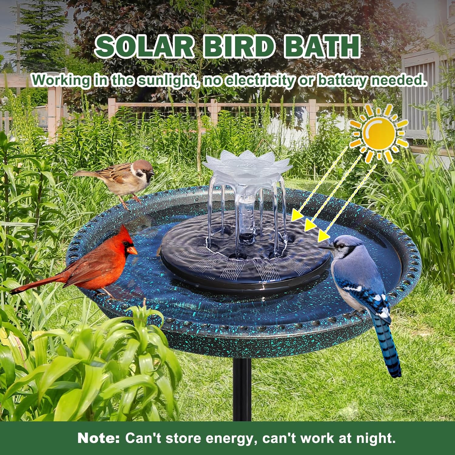 Bird Bath with Solar Fountain, Durable 5-Prong Base Solar Bird Bath with Stable Metal Stake, Detachable Solar Powered Bird Baths for Garden Outdoor Yard Lawn, Spotted Green