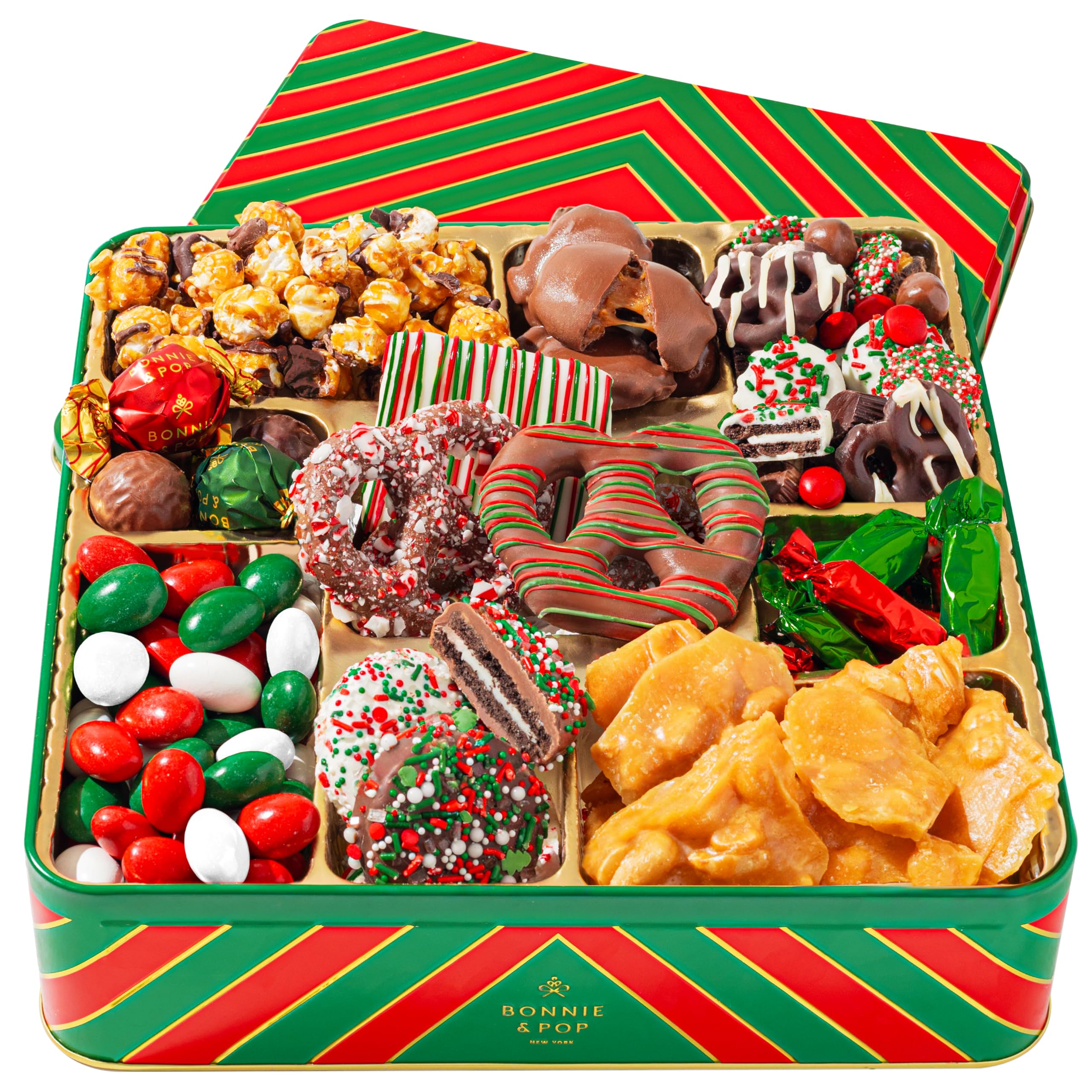 Bonnie and Pop's Holiday Tin- with Assorted Christmas Chocolate, Cookies, Pretzels β Festive, Corporate, Family, Gift Basket Idea for Men and Women (Extra Large)