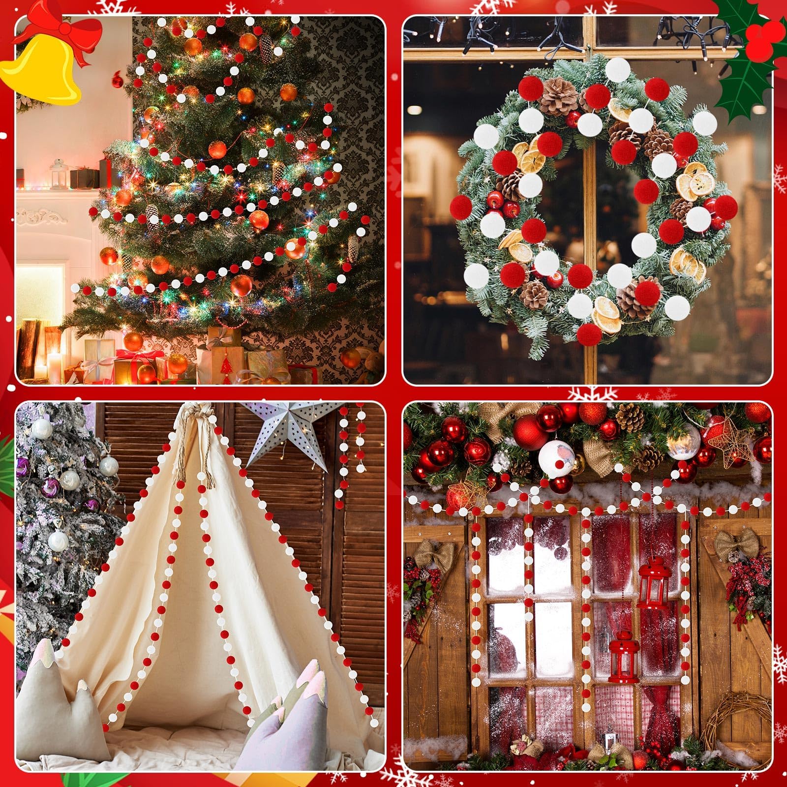 MARFOREVER Paquete de 4 guirnaldas de pompones de Navidad de 26.3 pies, color rojo y blanco, 30 bolas, guirnalda de bolas de fieltro de Navidad para Navidad, escuela, aula, mantel, pared, hogar,