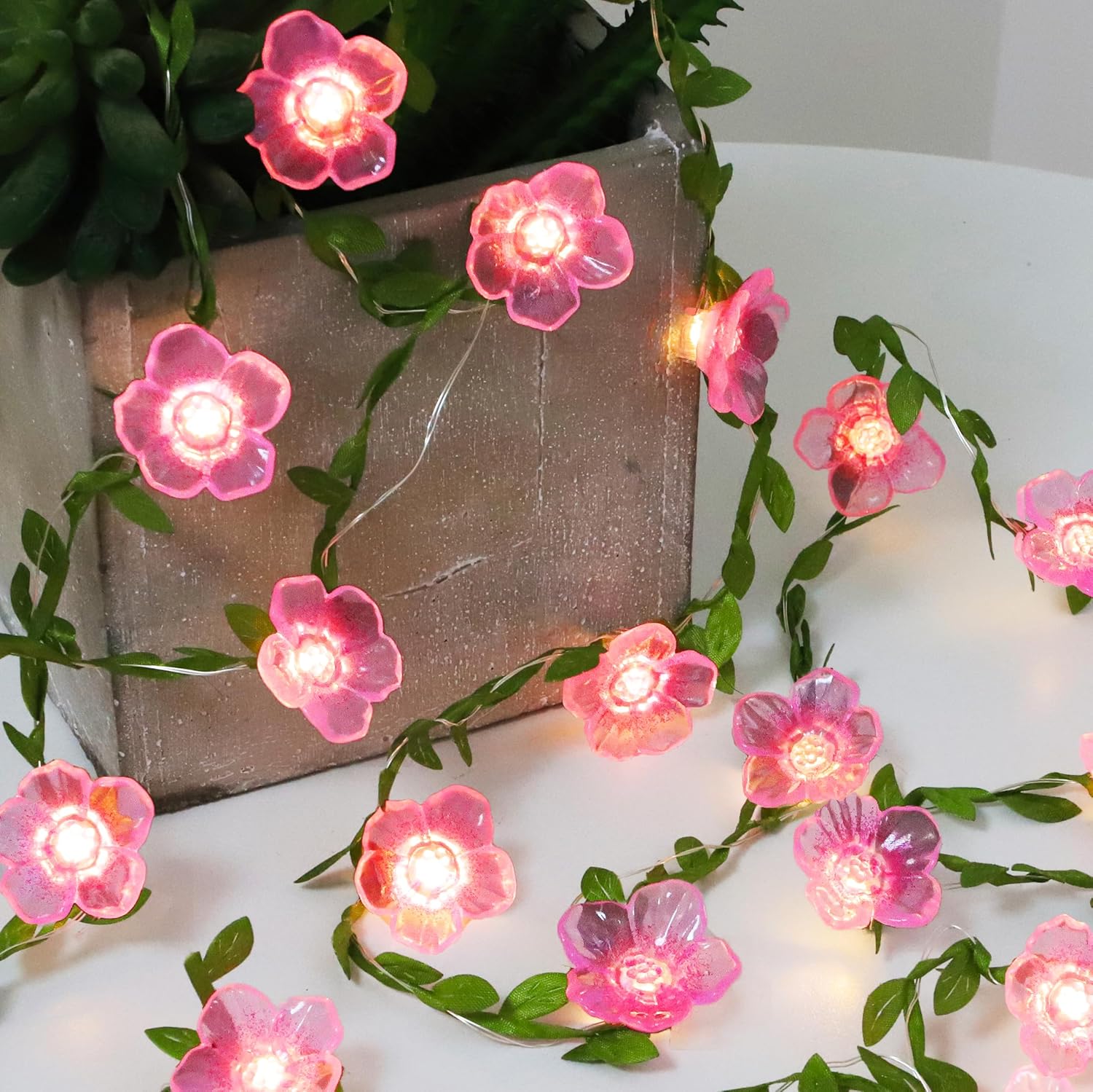 Cherry Blossom Decor Flower String Lights Vines with Fairy Lights Christmas, 30 LED Copper with Remote Control Battery Operated Pink Flower Garland Leaf for Locker, Wall,Christmas Decorations-4 Pack