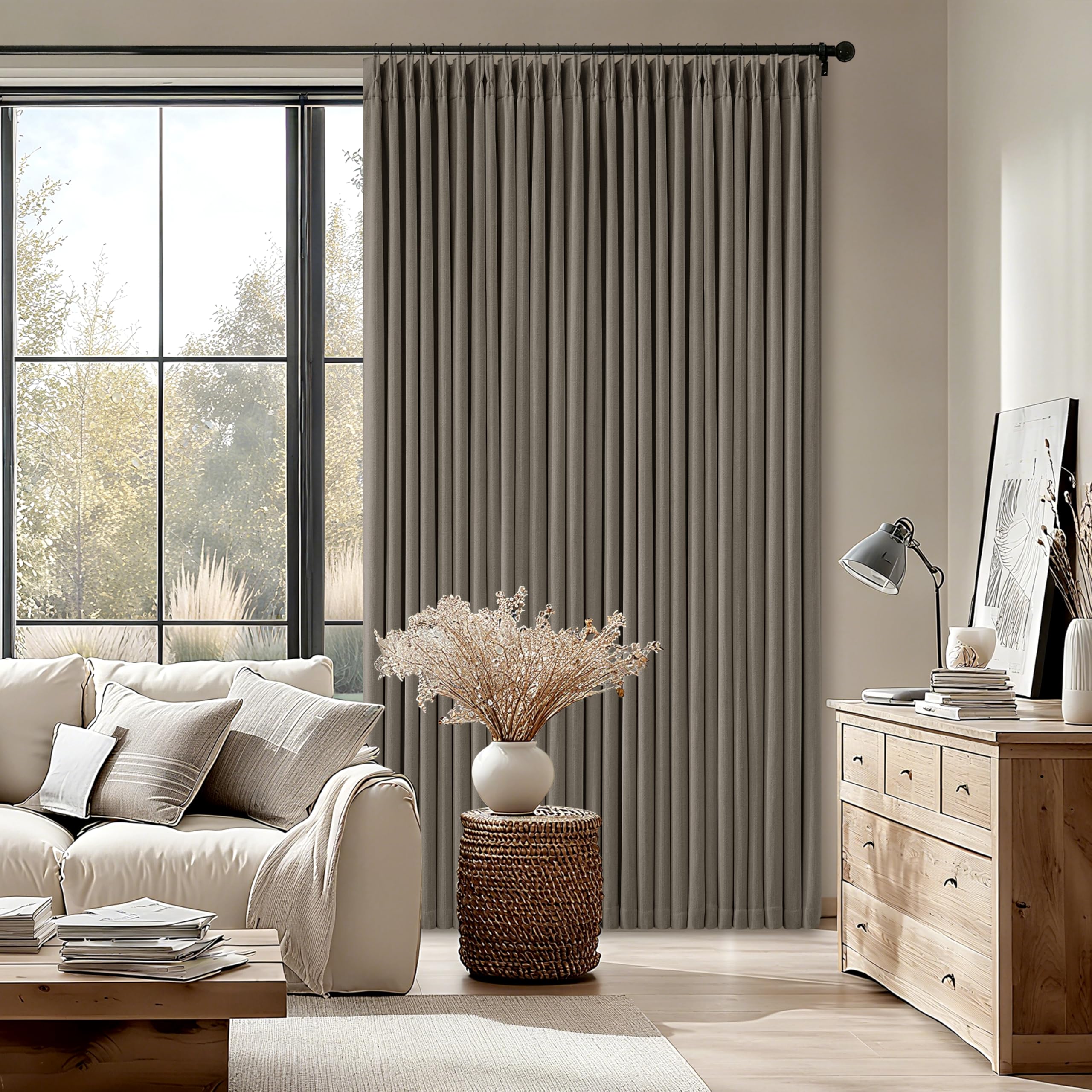 Dark Flax 100 Inch Blackout Pinch Pleated Curtains 2 Panel Set, Taupe — image 1