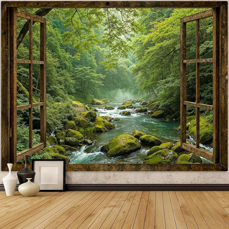 Window Forest Tapestry Green Nature Jungle Wall Tapestry for Bedroom Aesthetic Rainforest Stream Outdoor Landscape Large Tapestries Wall Hanging for Dorm Living Room Decor 80 x 60 Inch