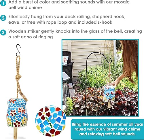 Miniatura 2 de Sunnydaze Campana de viento de flores primaverales  Campana de viento de vidrio mosaico para el patio, terraza o porche, 7 pulgadas