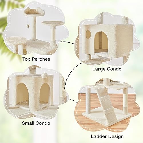 Vista 90 de Yaheetech Árbol para gatos de varios niveles de 70 pulgadas, torre alta para gatos con condominio, postes rascadores y bola colgante para gatos
