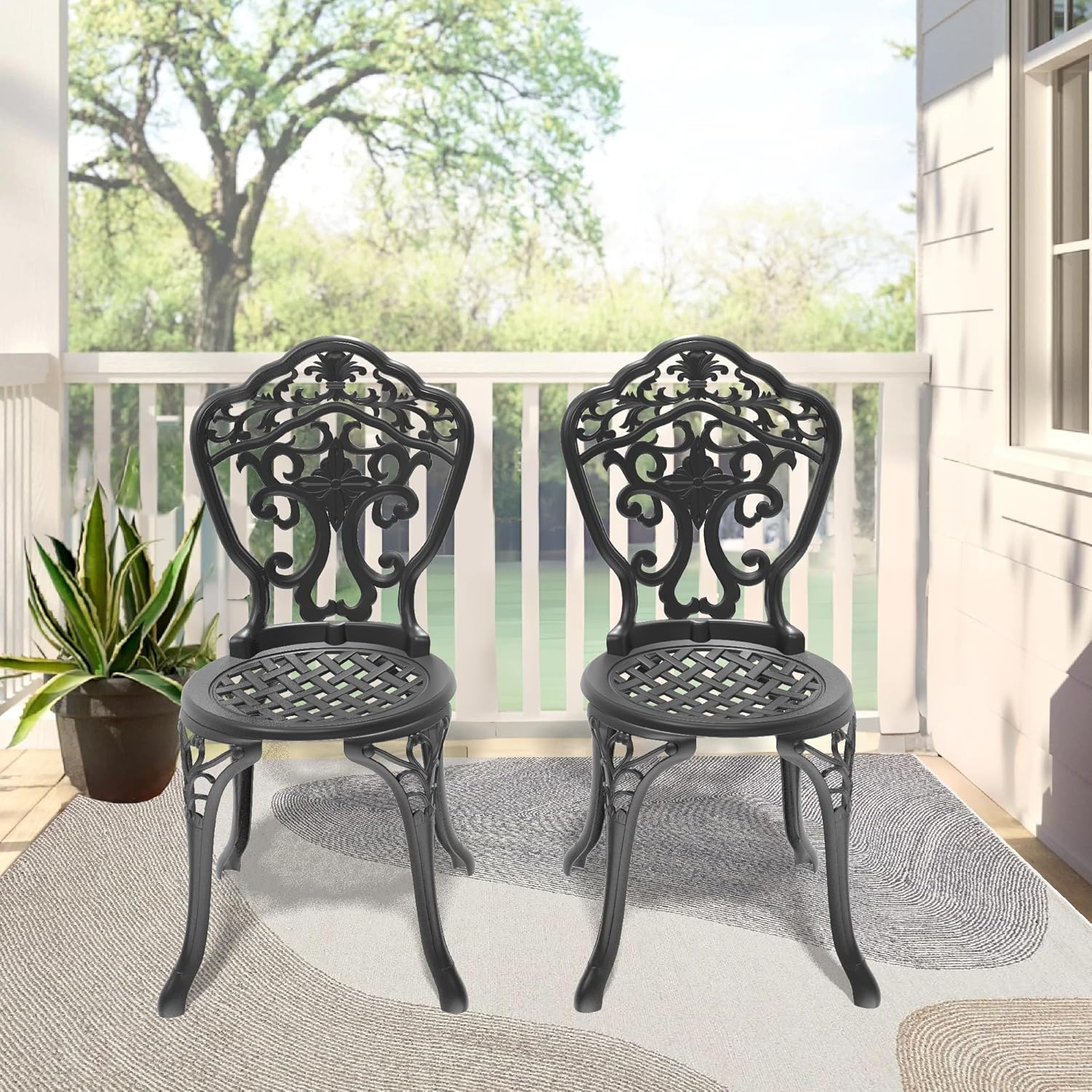 Cast Aluminum Patio Dining Chair 2PCS Set Black Outdoor Chairs Rust-Resistant Frame Weatherproof Armless Garden Bistro Chairs for Poolside Deck Backyard