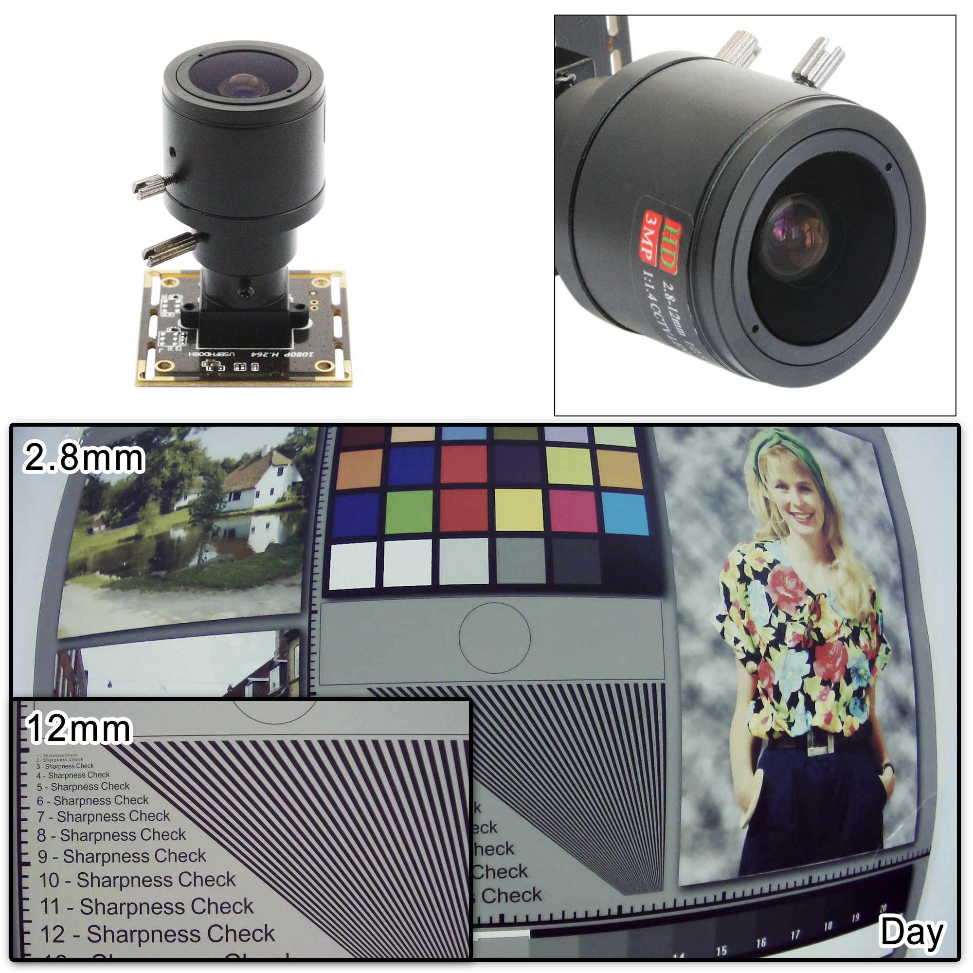 Image showing the ELP USB camera module with a 2.8-12mm manual zoom lens, demonstrating the difference between 2.8mm and 12mm views.