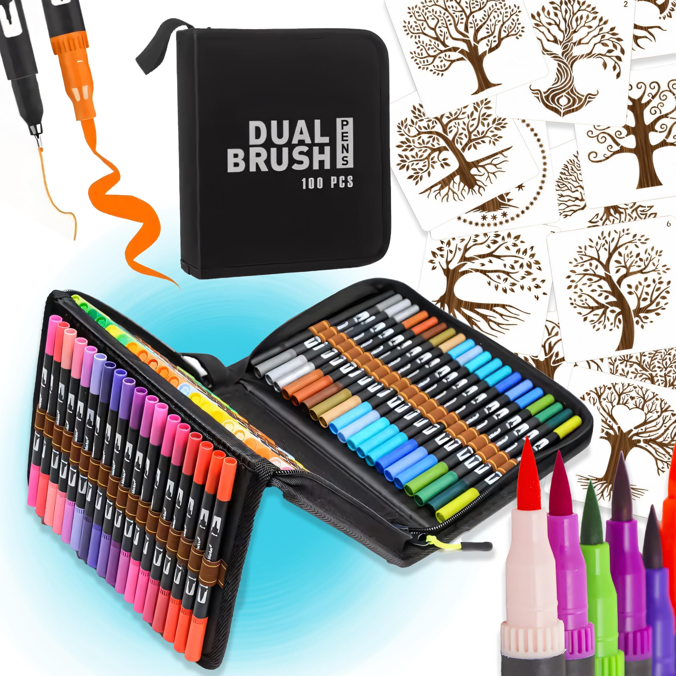Pack Lettering Marker Pens 100 Colours + 12 Mandala Stencils, Double-Ended Brush Tip, Fine Tip, Watercolour Markers for Mandalas, Professionals Adults and Children