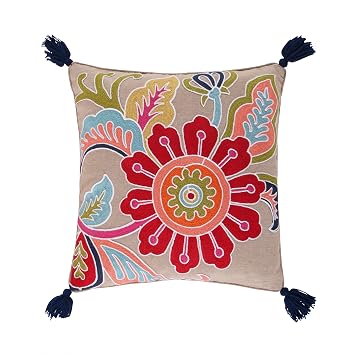 Levtex Home - Jules - Decorative Pillow 18x18 in. - Crewel Flower - Orange, Yellow, Blue, Red, Teal