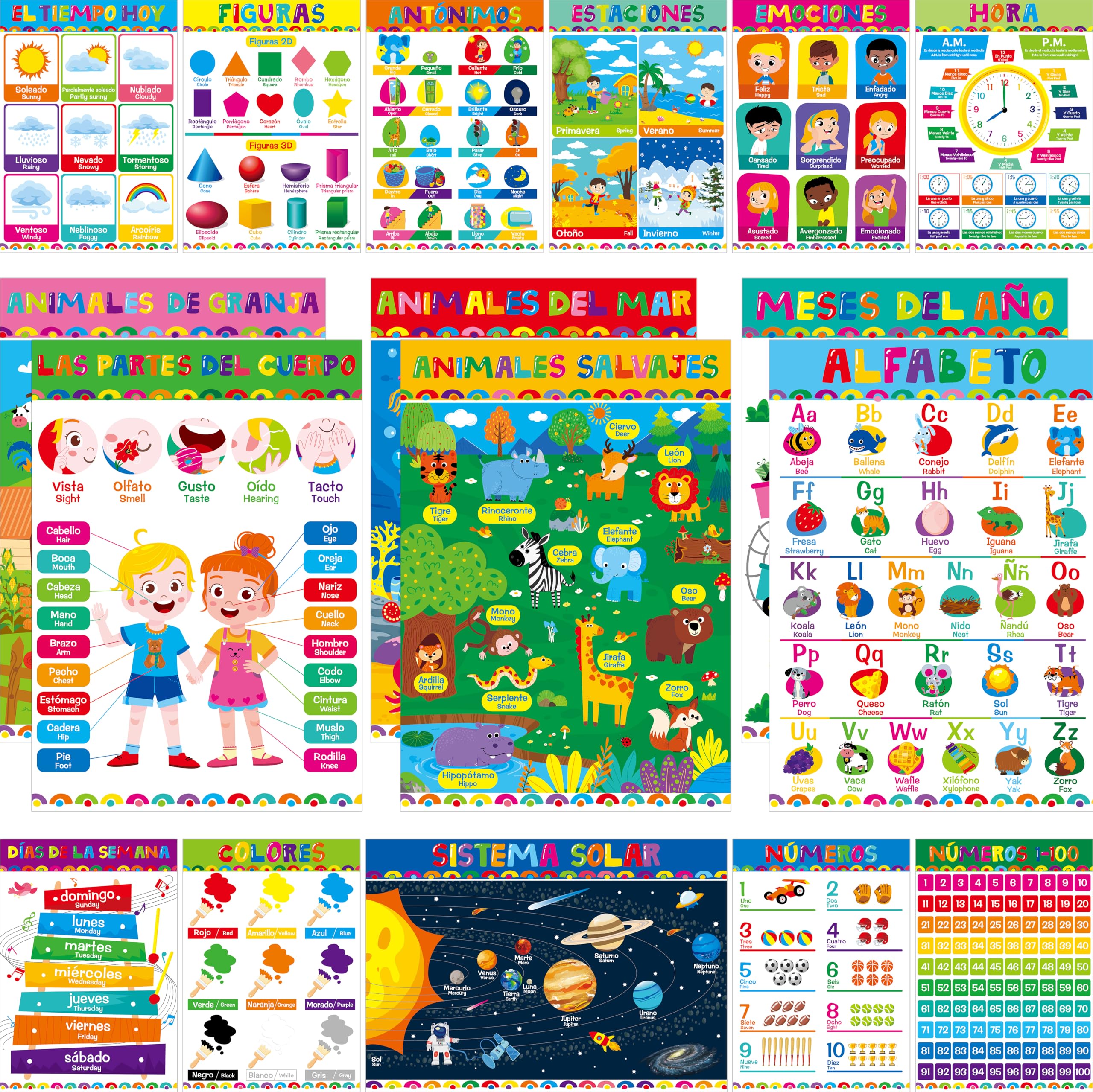 17 Spanish &amp; English Posters, Thick Elementary Bilingual Poster Set, Waterproof &amp; Tearproof with PET Film, Early Learning Tool, Dual Language Educational Posters for School Supplies, Classroom Decor