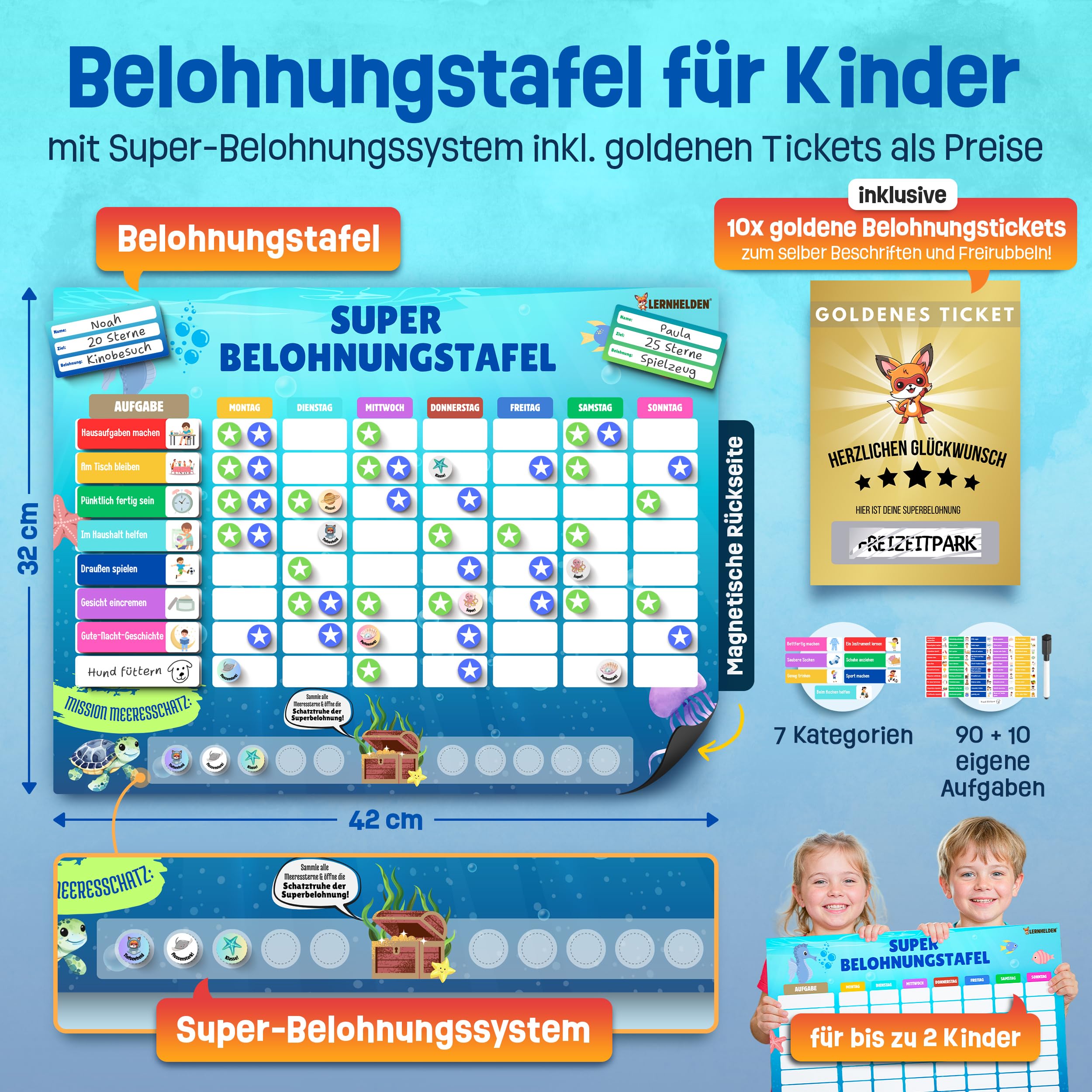 Belohnungstafel für Kinder - inkl. Goldene Tickets, Belohnungssystem Kinder, Wochenplaner magnetisch, Family Plan, Autismus Hilfsmittel, Routine Planer