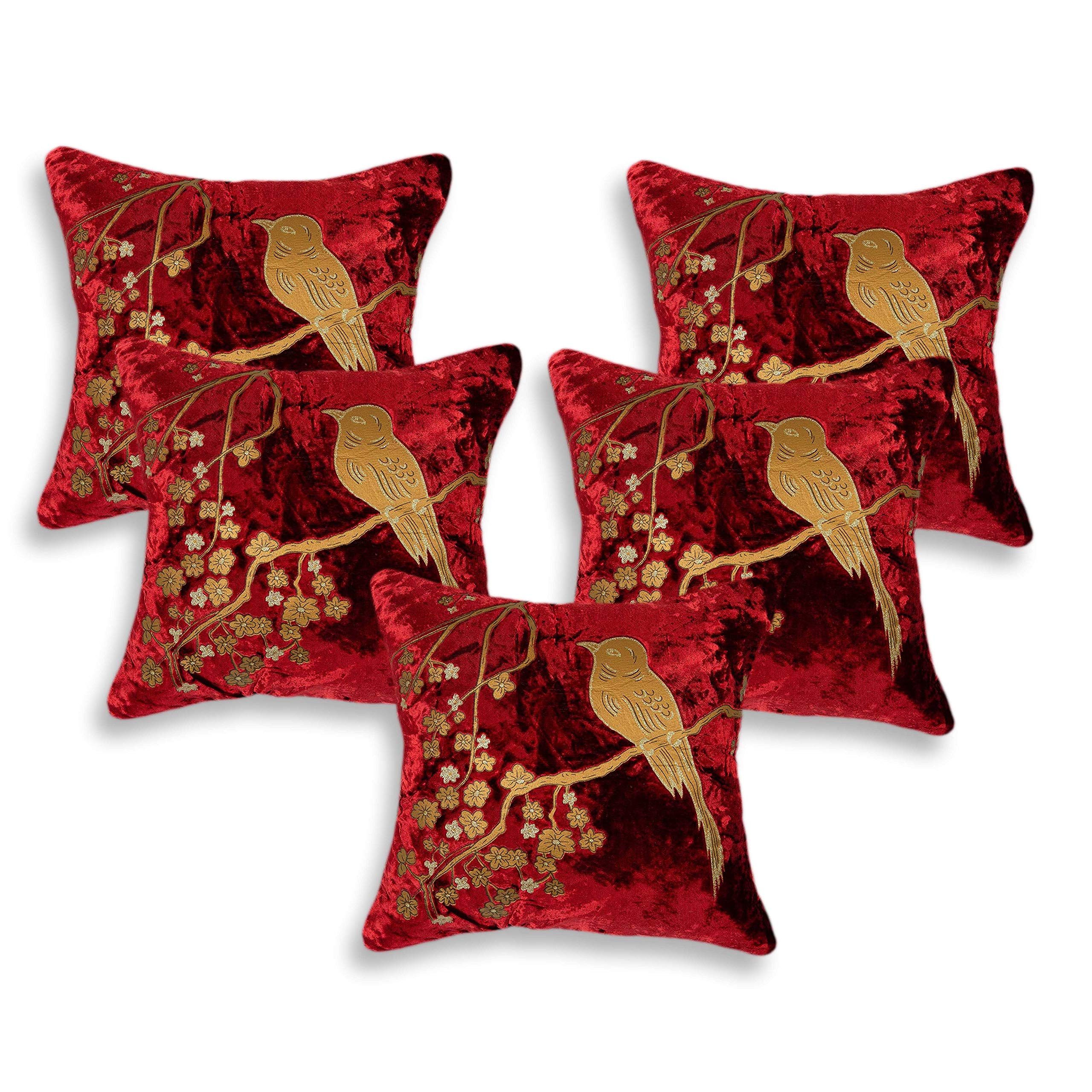 IMFAB Maroon/Red Velvet Glitter Bird Design Cushion Cover Set of 5 (24x24 inch or 60x60 cms)