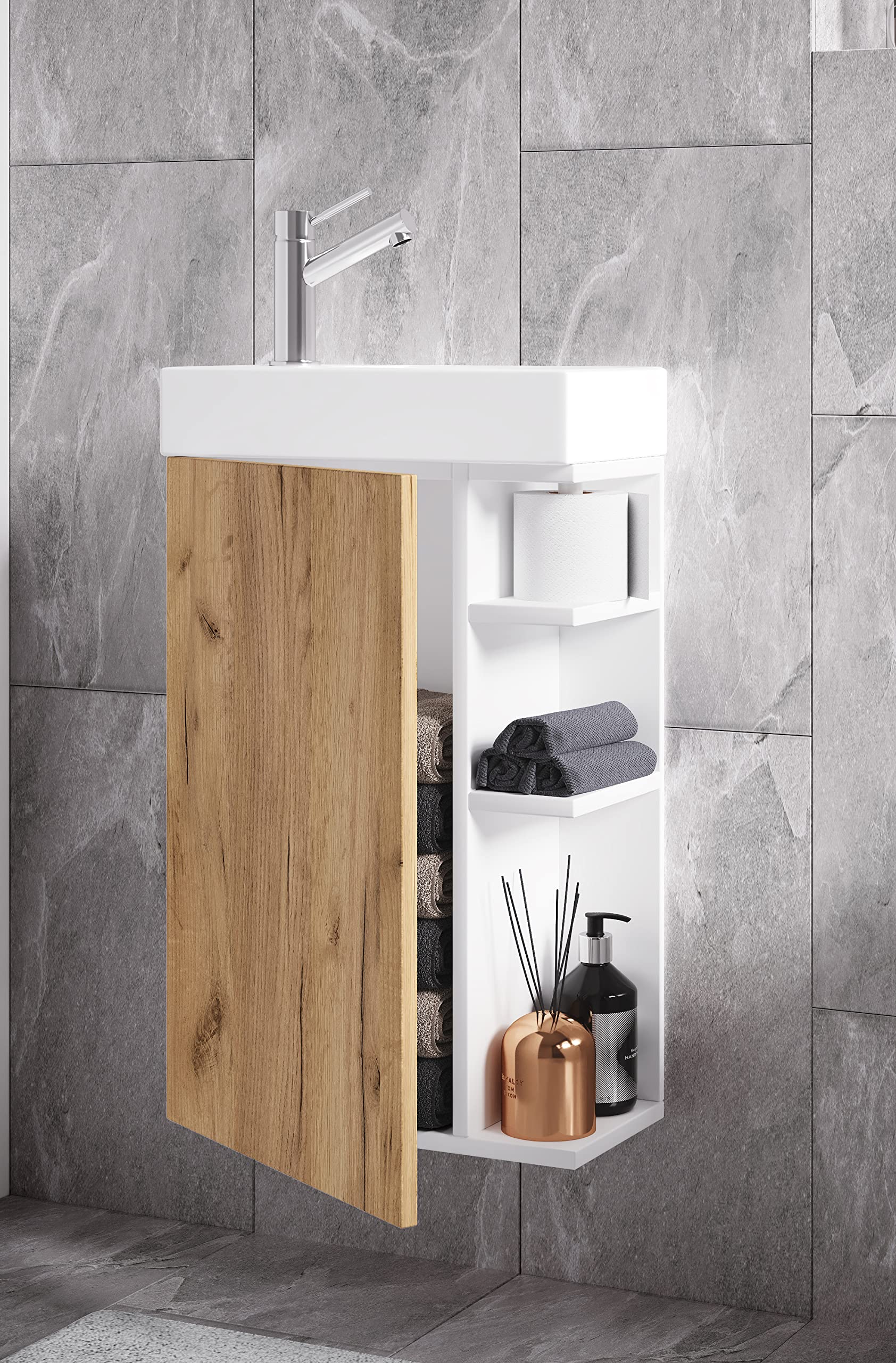 VCM Conjunto de Muebles de baño de 2 Piezas WC de Invitados Lavabo de Invitados Lavabo pequeño Estrecho Lumia Roble Blanco/Miel