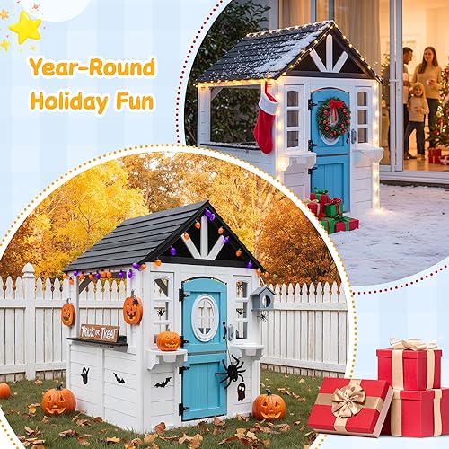 Miniatura 6 de Casa de juegos de madera para niños con fregadero de cocina, buzón y timbre de trabajo, casa de juegos para niños pequeños al aire libre con puerta