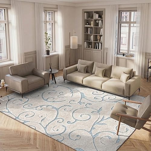 SAFAVIEH Florida Shag Collection Area Rug - 9'6" x 13', Beige & Blue Grey, Scroll Design, Non-Shedding & Easy to Clean, High-Low Plush Pile, Ideal for Living Room, Bedroom, Dining Space (SG455-1155)