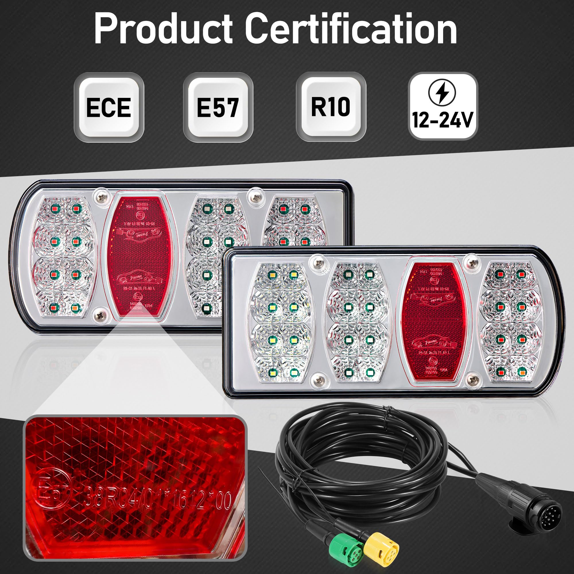 Kit Fari Rimorchio 13 Poli Fanali Posteriore Led per Rimorchio 7 Funzioni 12V/24V con 5P Baionetta Cavo Pre-Cablaggio 5,5M + Extra 25cm per Luci Posizione/Nebbia/Targa, Omologati E57 IP65