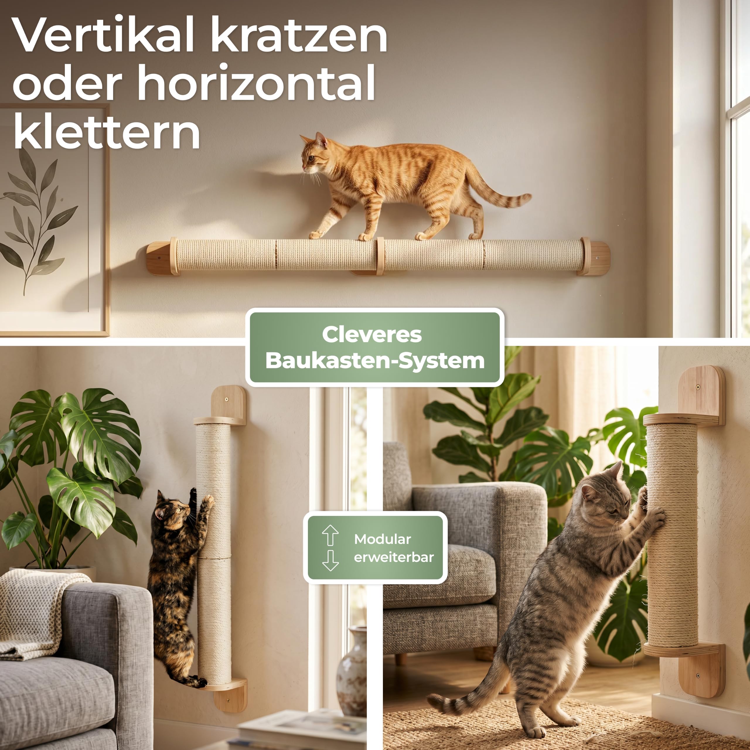 WOOWOOD Kratzsäule XXL 154 cm, Kratzstamm Wandmontage, Natursisal