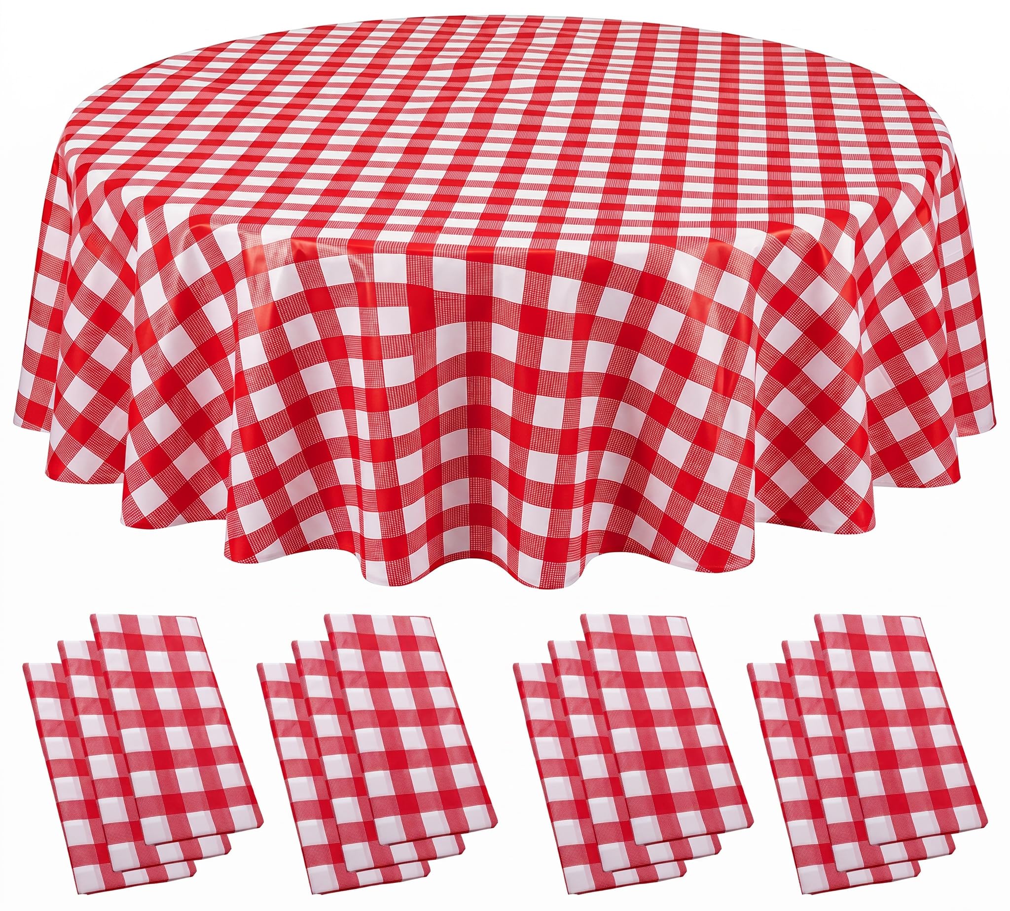PUREZON 12 Pack Round Tablecloth, 84 Inch Red and White Plastic Checkered Disposable Table Cover, Round Party Table Cloth for Picnic BBQ Birthday Wedding