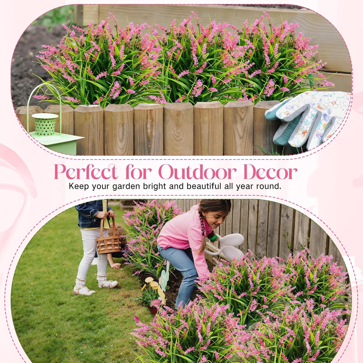 Yunlly 50 Bundle Artificial Plants Outdoor Fake Monkey Grass with Flowers UV Resistant Plastic Faux Plant Shrubs for Patio Garden Front Porch Pathway Home Window Hanging Planter Wedding Decor (Pink)