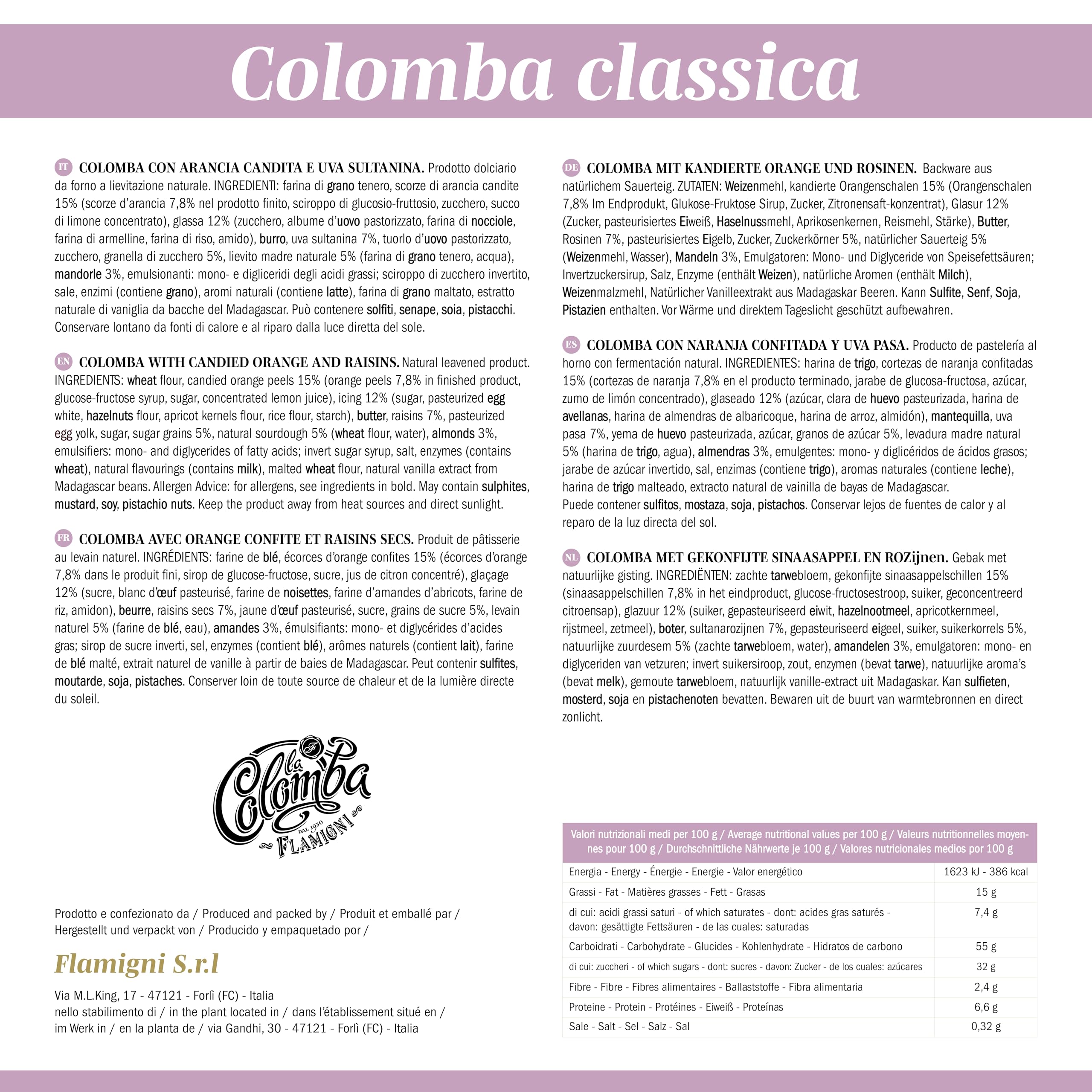 FLAMIGNI Colomba Pasquale Classica da 750g, con Arancia Candita e Uva Sultanina, Lievitazione Naturale, Glassa alle Mandorle, Incartato a Mano, Dolce Tradizionale Made in Italy