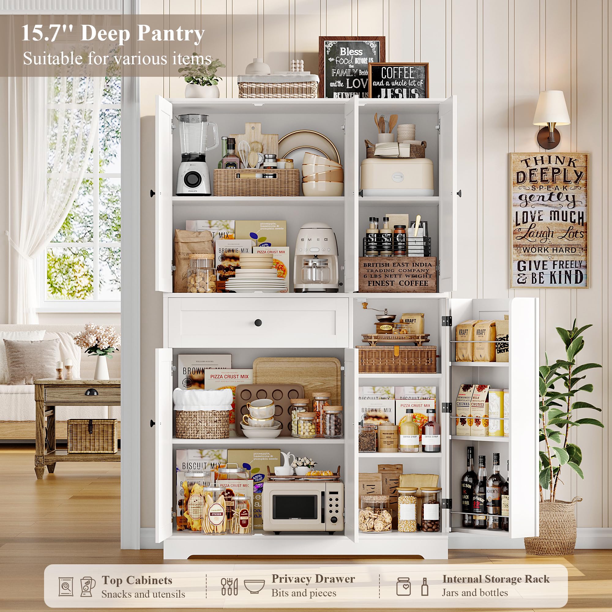 HOSTACK Armoire de Rangement Haute de 172 cm pour Cuisine et Garde-Manger, Meuble de Cuisine Moderne avec Portes et Étagères, Garde-Manger Autoportant avec Grand Tiroir de Rangement pour Salle à