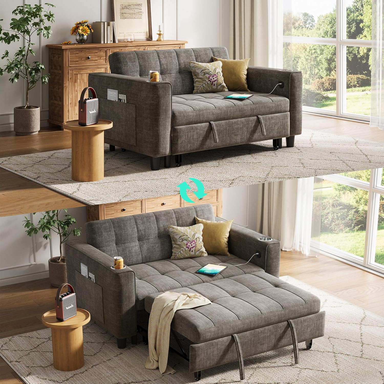 (INCOMPLETE)LINSY 3-in-1 Convertible Sofa Bed, 54\" Pull Out Sleeper Sofa with Charging Station & Cup Holder, Small Chenille Couch Folding Loveseat with Side Pocket for Small Spaces, Apartment, Home Theater, Gray Grey