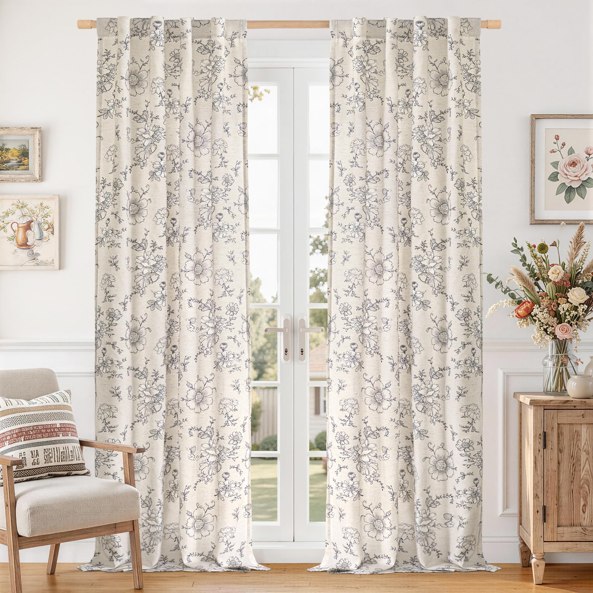 Vintage Floral Linen Curtains - 84 Inch Panels -14