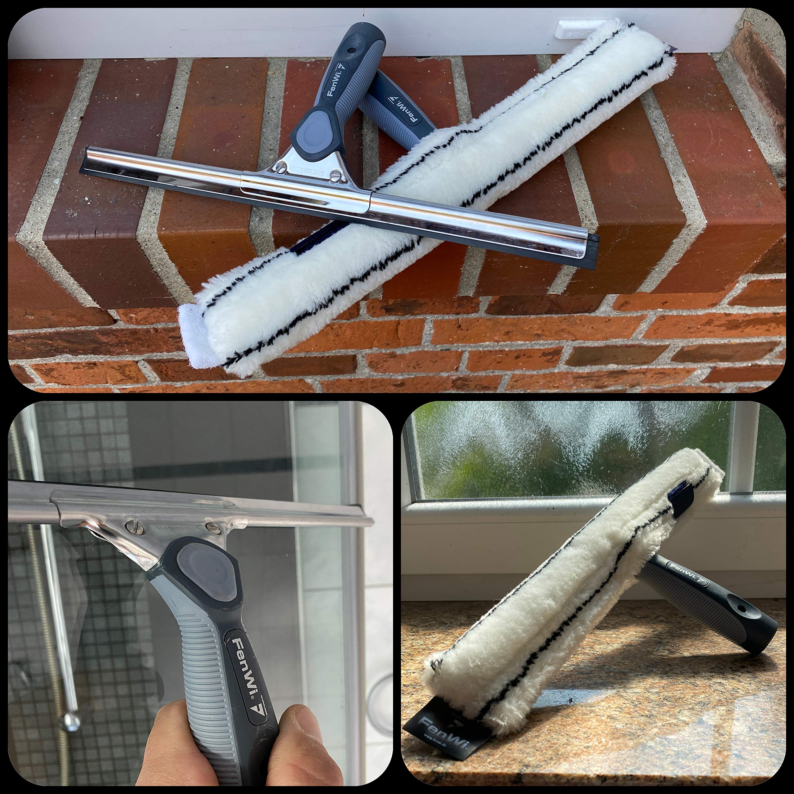 FenWi 1,25m Profi Fensterputzer Komplett-Set mit Fensterabzieher, Mikrofaser Fensterwischer, Eimer und Teleskopstange - zur Glasreinigung für Fenster, Bad & Wintergarten