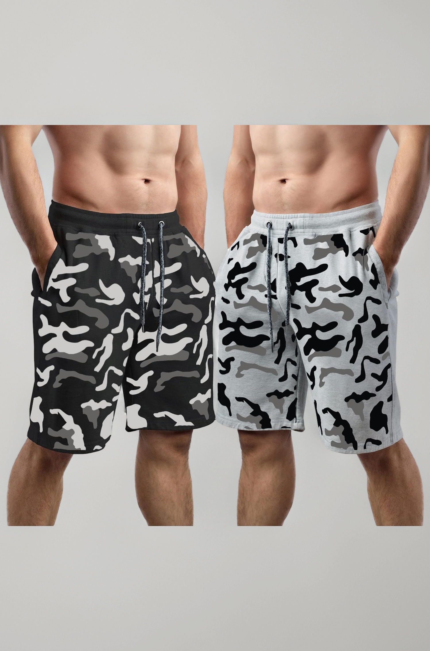 hotfits Men's Black & Grey Cotton Regular Shorts - Workout, Gym, Running, Yoga and Sports Shorts - Camouflage Printed - Pack of 2