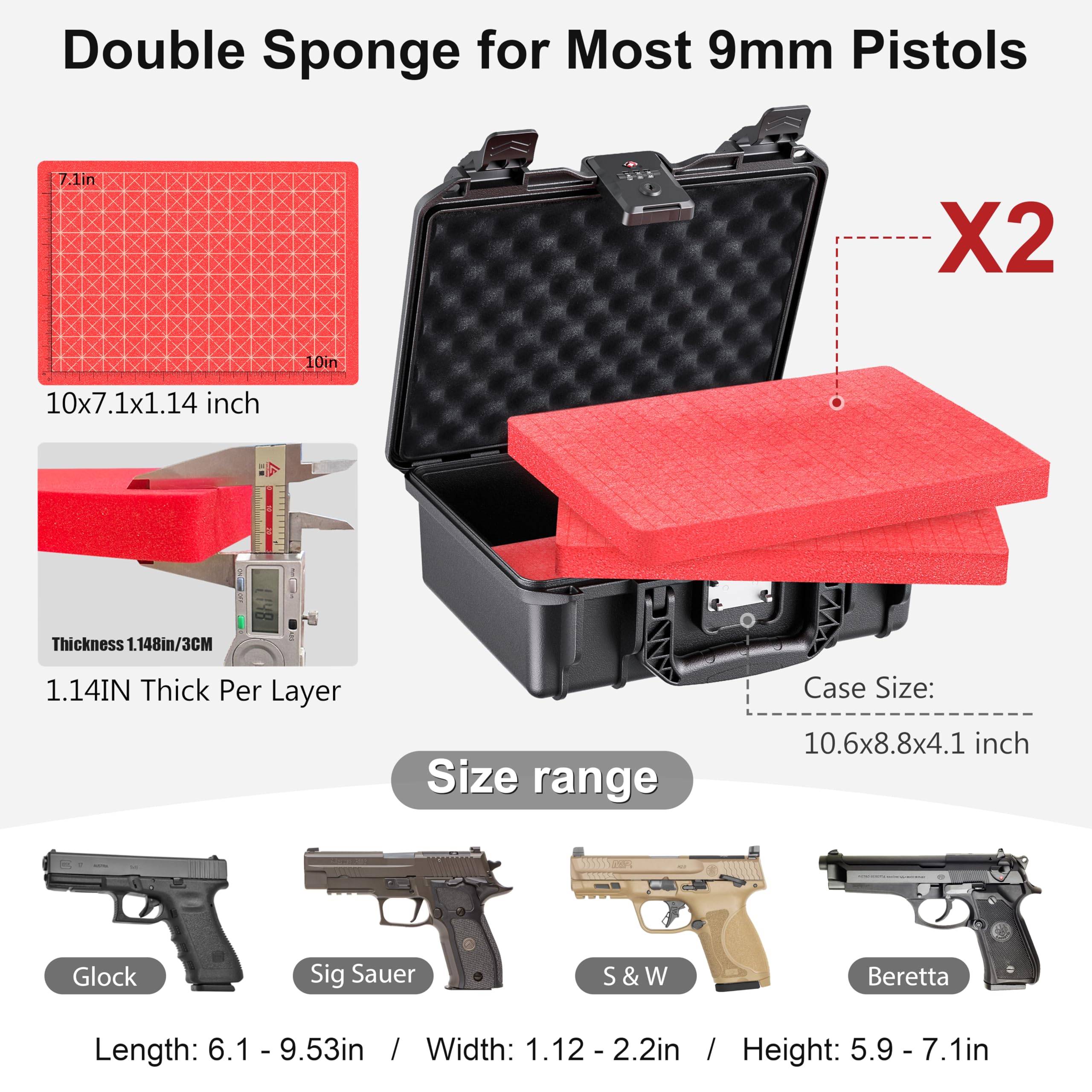 TSA Genehmigt Pistolenkoffer Handfeuerwaffe 9mm Pistolen Wasserdicht Feuerwaffe Reisekoffer Schockproof abschließbare Handfeuerwaffe Fall 10.6 * 8.8 * 4 Inches 9mm Pistole Fall Hartschale