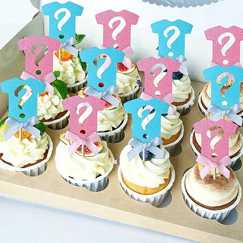 Miniatura 5 de Paquete de 24 adornos para cupcakes con purpurina para revelación de género, signo de interrogación, selecciones de cupcakes para niños o niñas,