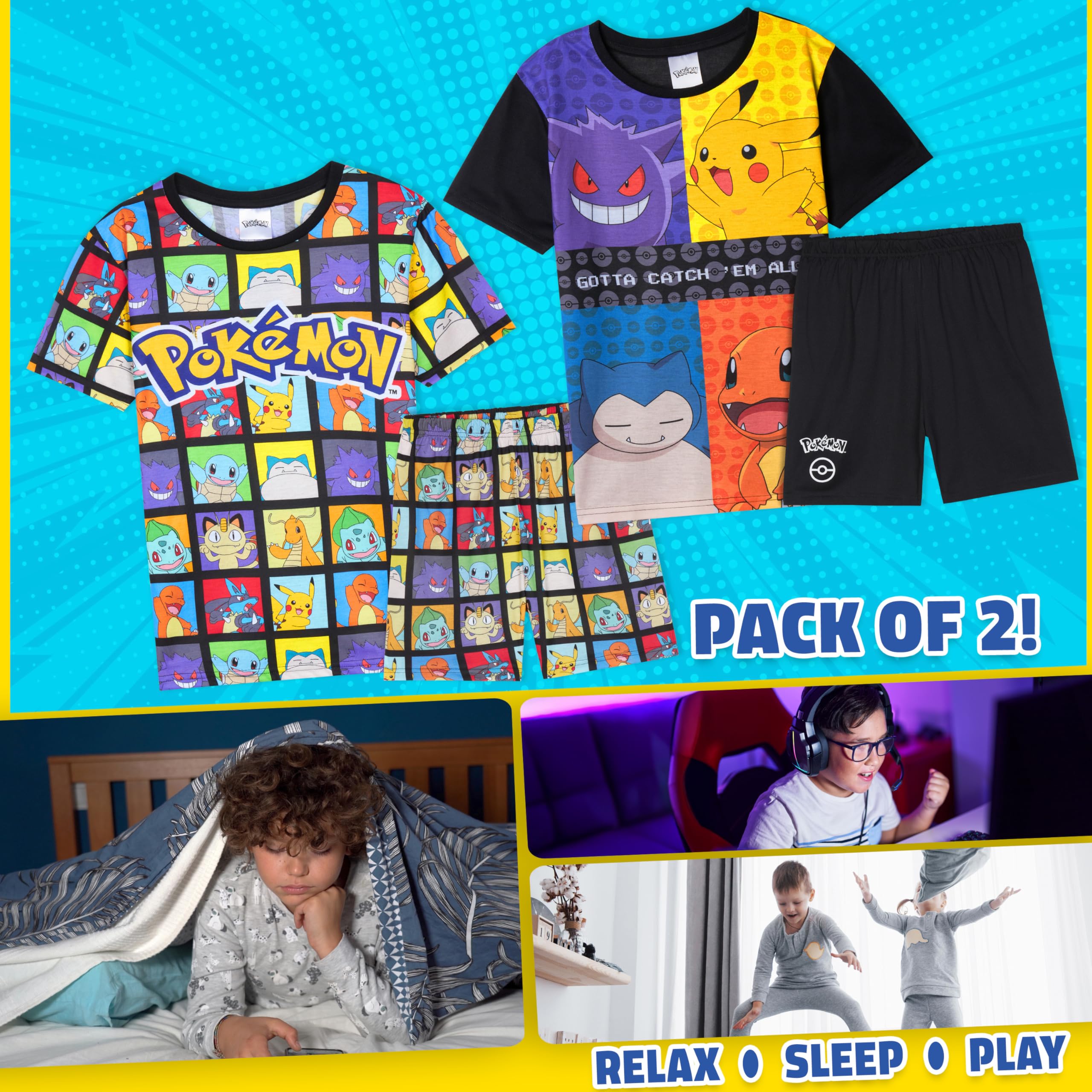 Pokemon Pigiama Bambino e Ragazzo, 2 Pacco Pigiami Estivi Bambini Manica Corta, Abbigliamento da Casa Anime, Idee Regalo