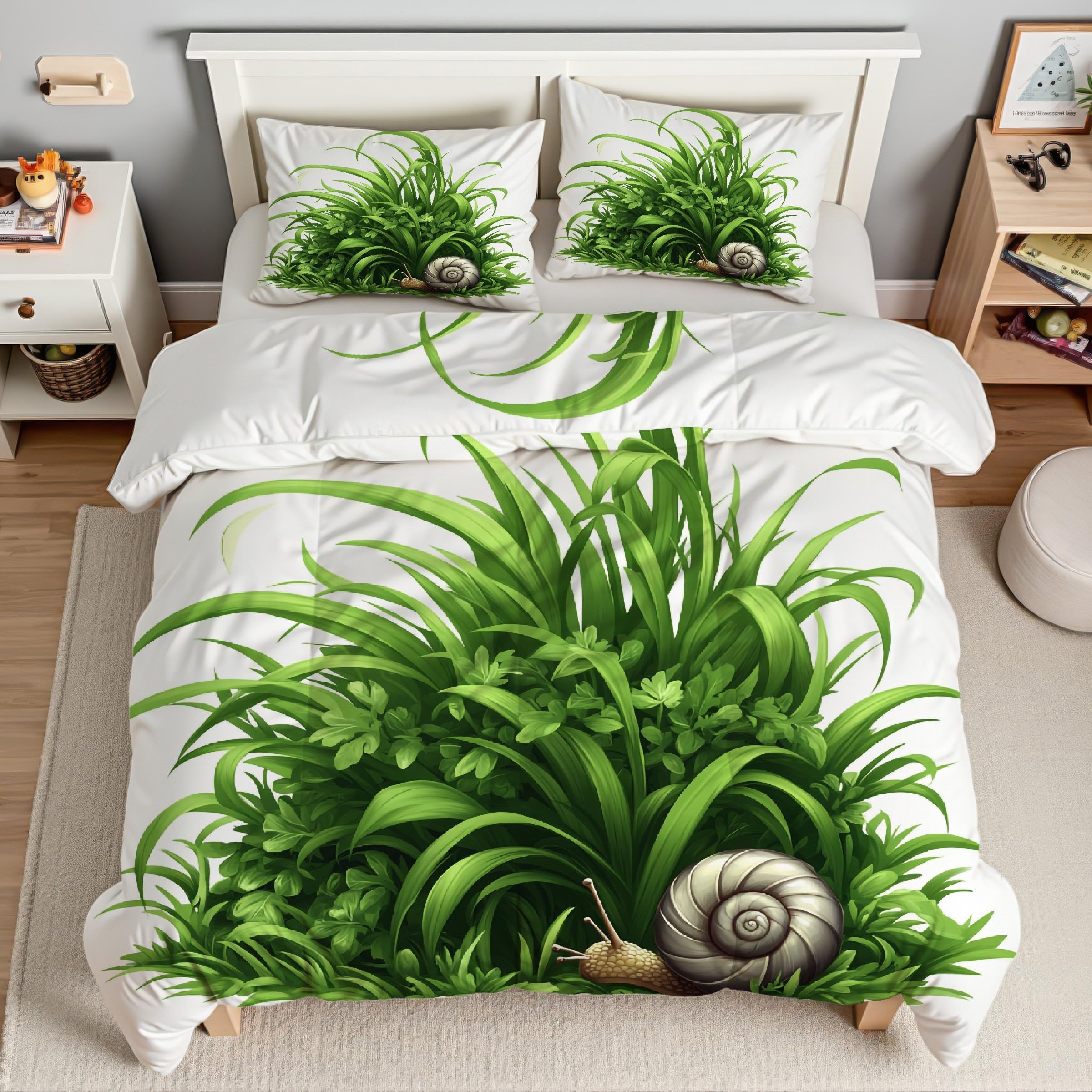 Parure de lit 2 personnes en microfibre douce motif herbe et escargots