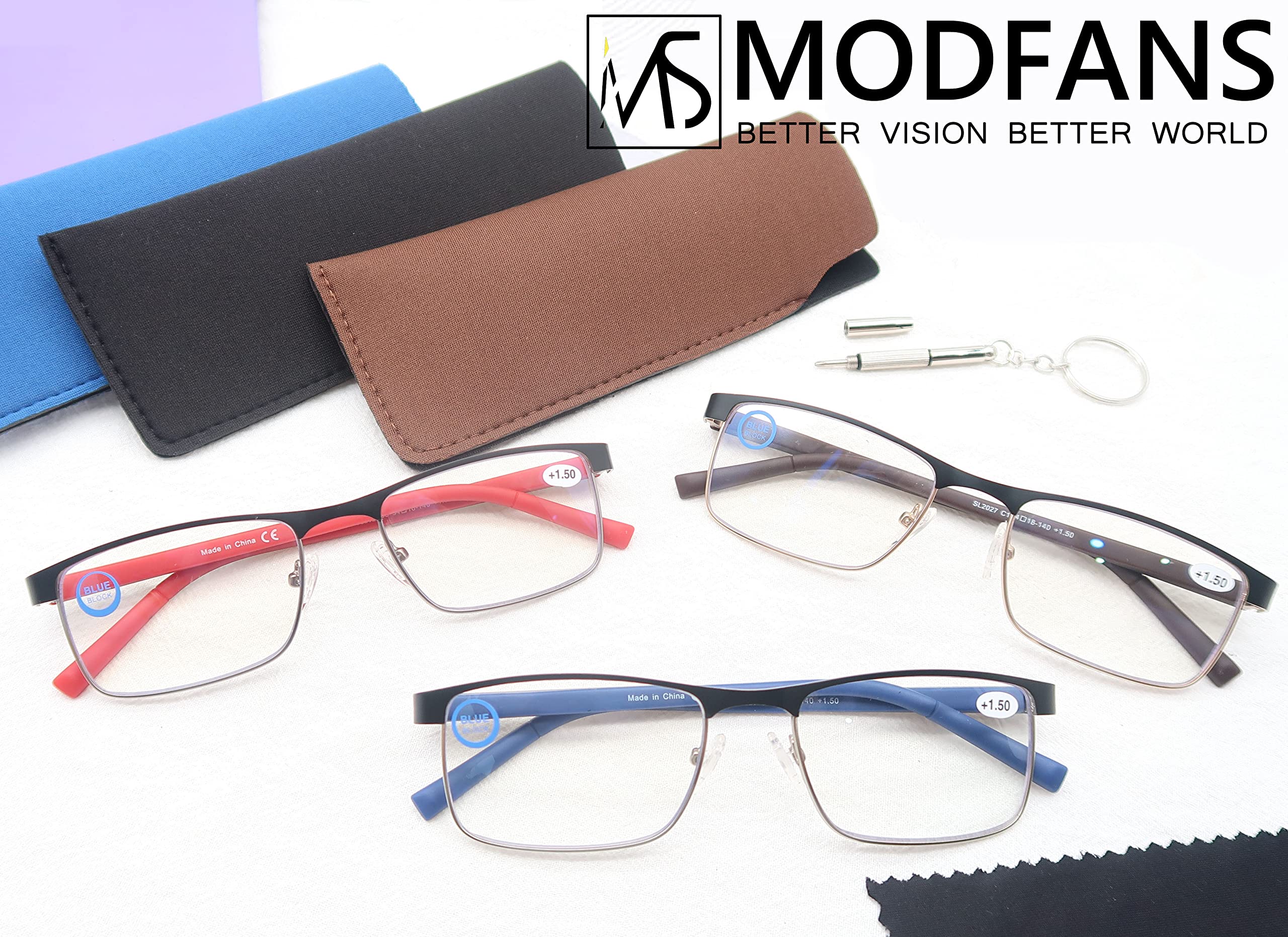 MODFANS Un Pack de 3 Gafas de Lectura Hombres Mujeres Anti Luz Azul,Rectangular Metal Acero Inoxidable - Lente Clara,Vision Clara - Ligeras Comodas,Colores Mezclados