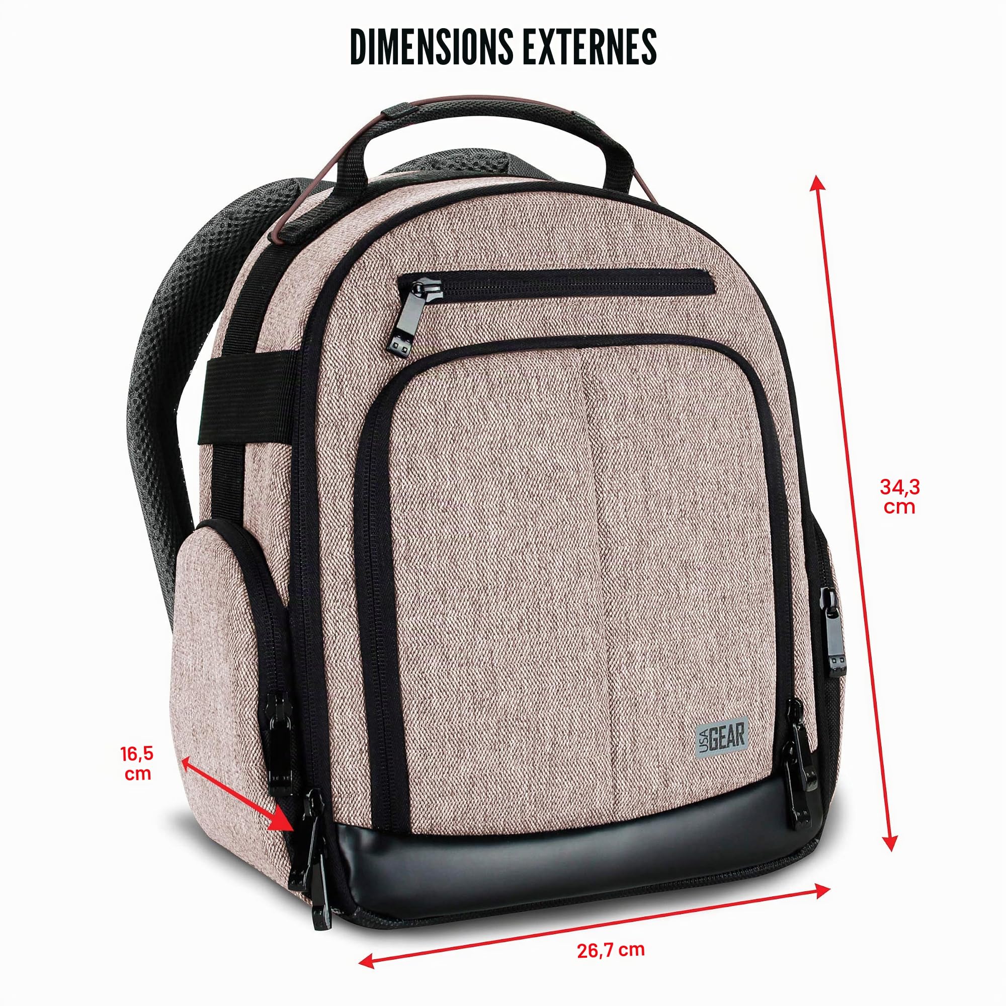 USA Gear Sac Appareil Photo Reflex avec Intérieur Ajustable pour Randonnées en Montagne, Sac à Dos Moto avec Base Etanche et Support Dos Rembourré - Compatible avec Canon, Nikon et Plus