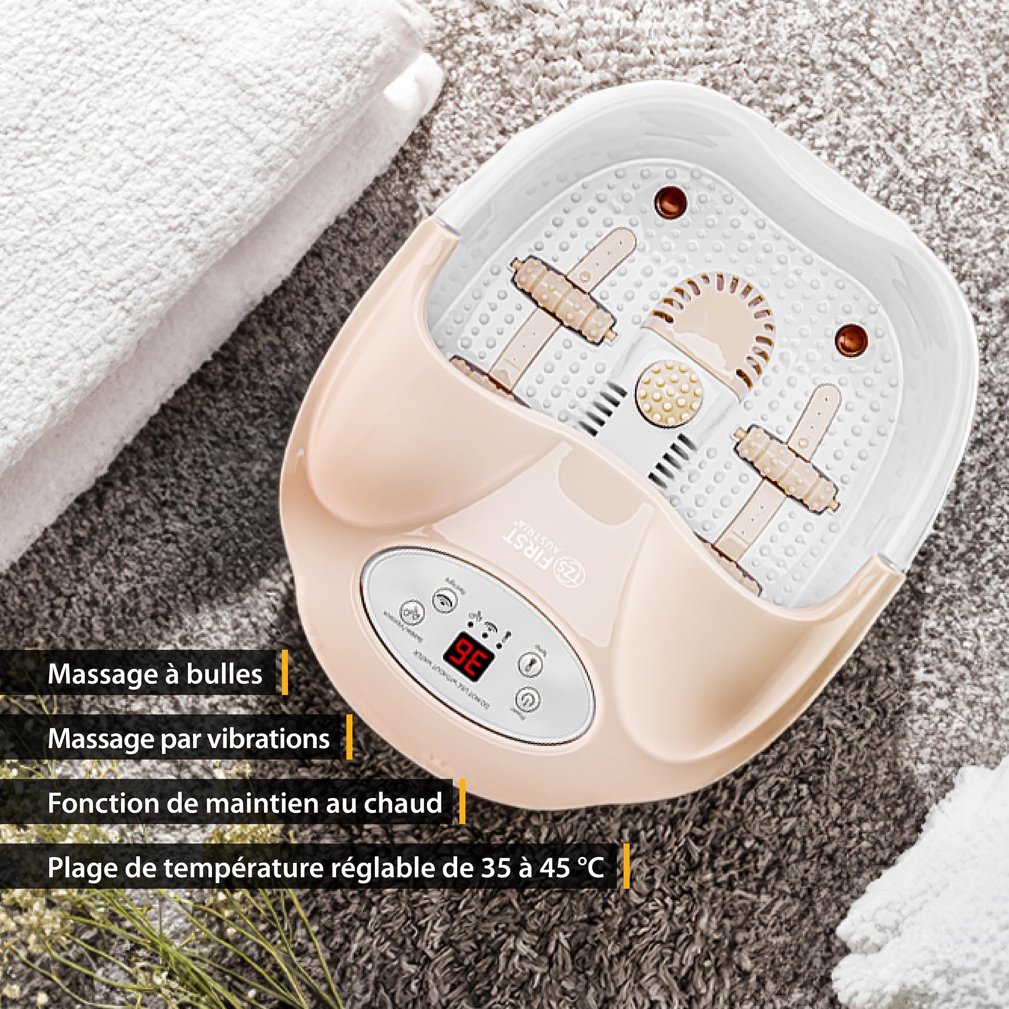 TZS First Austria - Bain de Pieds avec Massage - 450W - Écran LED & Lumière Rouge - Jusqu'à la Pointure 43 - 3 Accessoires, Protection Anti-Éclaboussures & Boîte à Arôme - Beige
