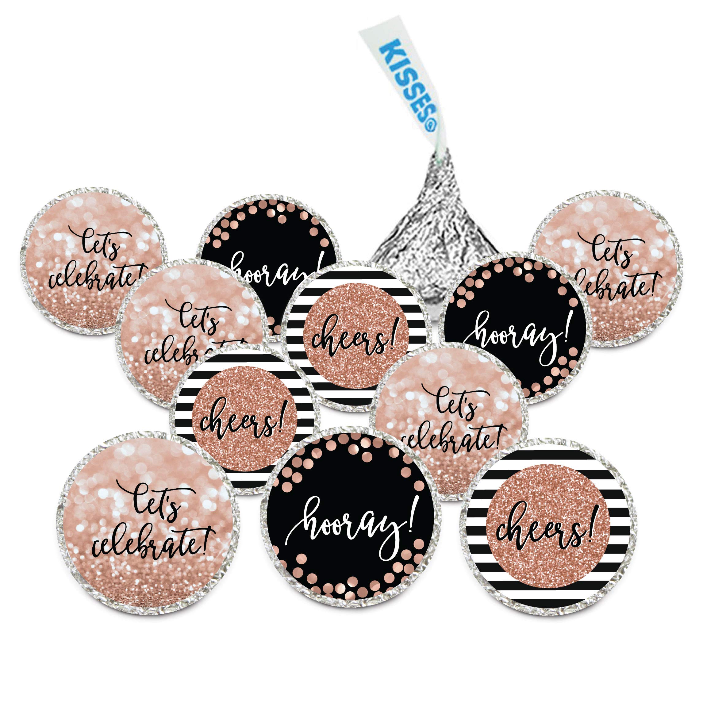 Andaz Press Glitzy Faux Rose Gold Glitter Milestone Chocolate Drop Labels Trio, Hooray! Cheers! Let's Celebrate!, 240-Pack, Not Real Glitter, Fits Kisses Party Favors Colored Supplies