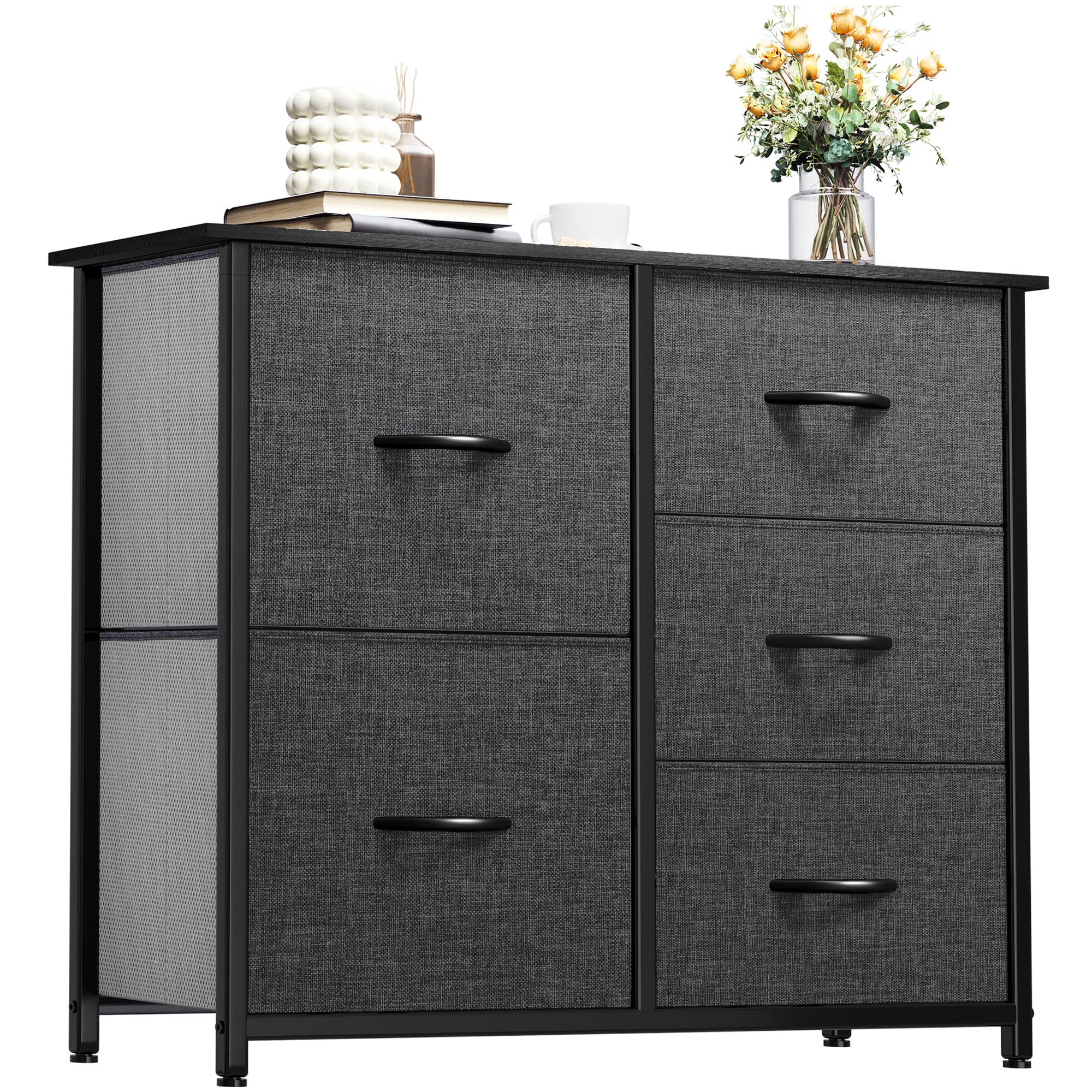 YITAHOME Storage Tower with 5 Drawers - Fabric Dresser, Organizer Unit for Bedroom, Living Room, Closets & Nursery - Sturdy Steel Frame, Easy Pull Fabric Bins & Wooden Top (Black/Grey)