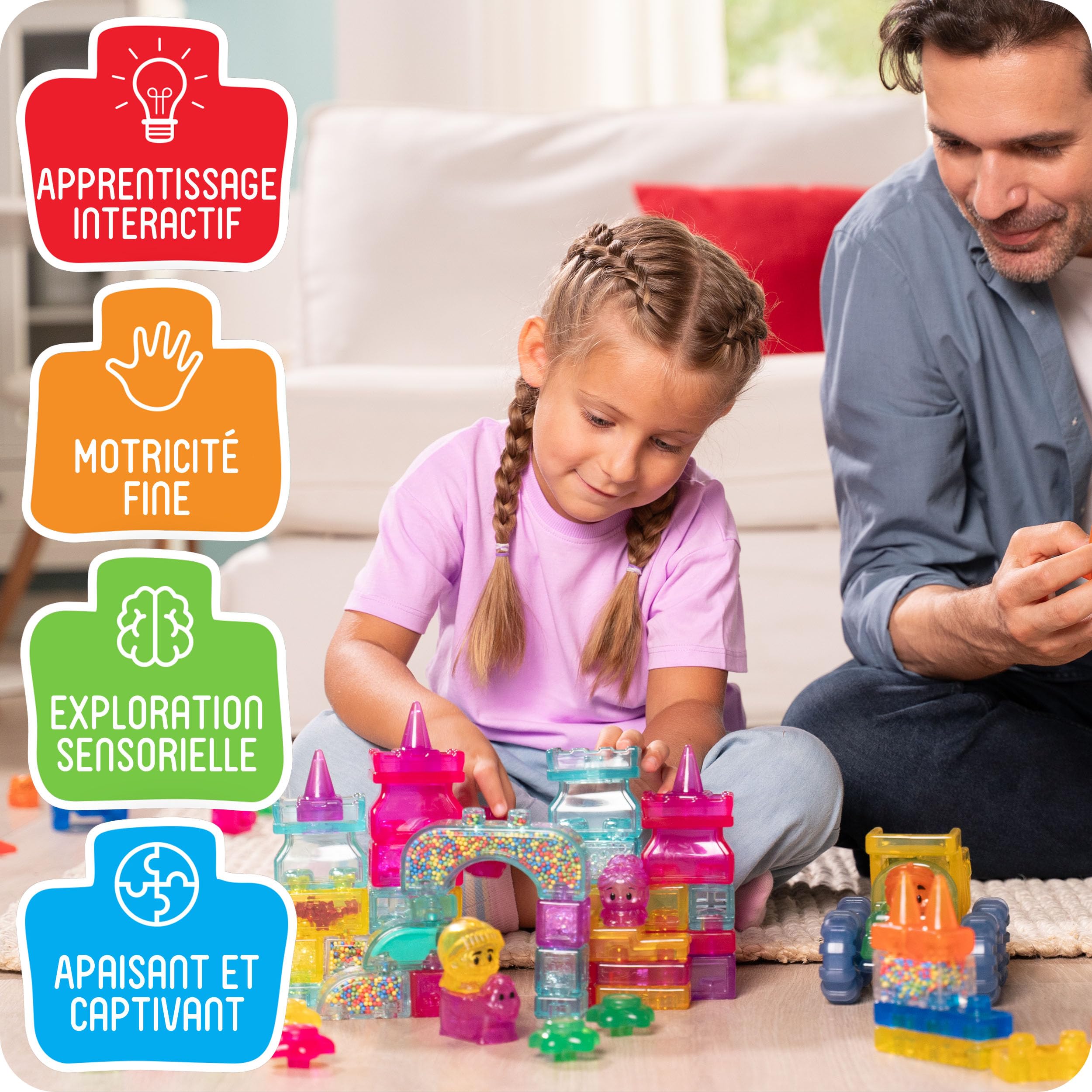Goliath - Jelly BLOX – Château Princesse 45 Pièces – Blocs de Construction Squishy Sensoriels – 2 Princesses + Chevalier + Cheval – 100% sans Bobos – Jeux de Construction pour Enfants dès 2 Ans