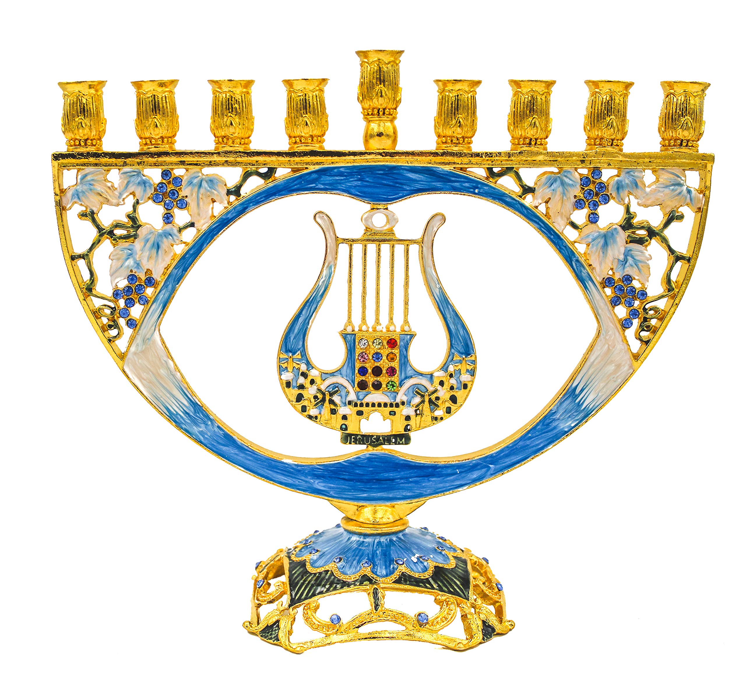 Mosaic Artistic Jeweled Menorah (Hand-Painted Jeweled Mosaic Blue & Gold - Harp)…