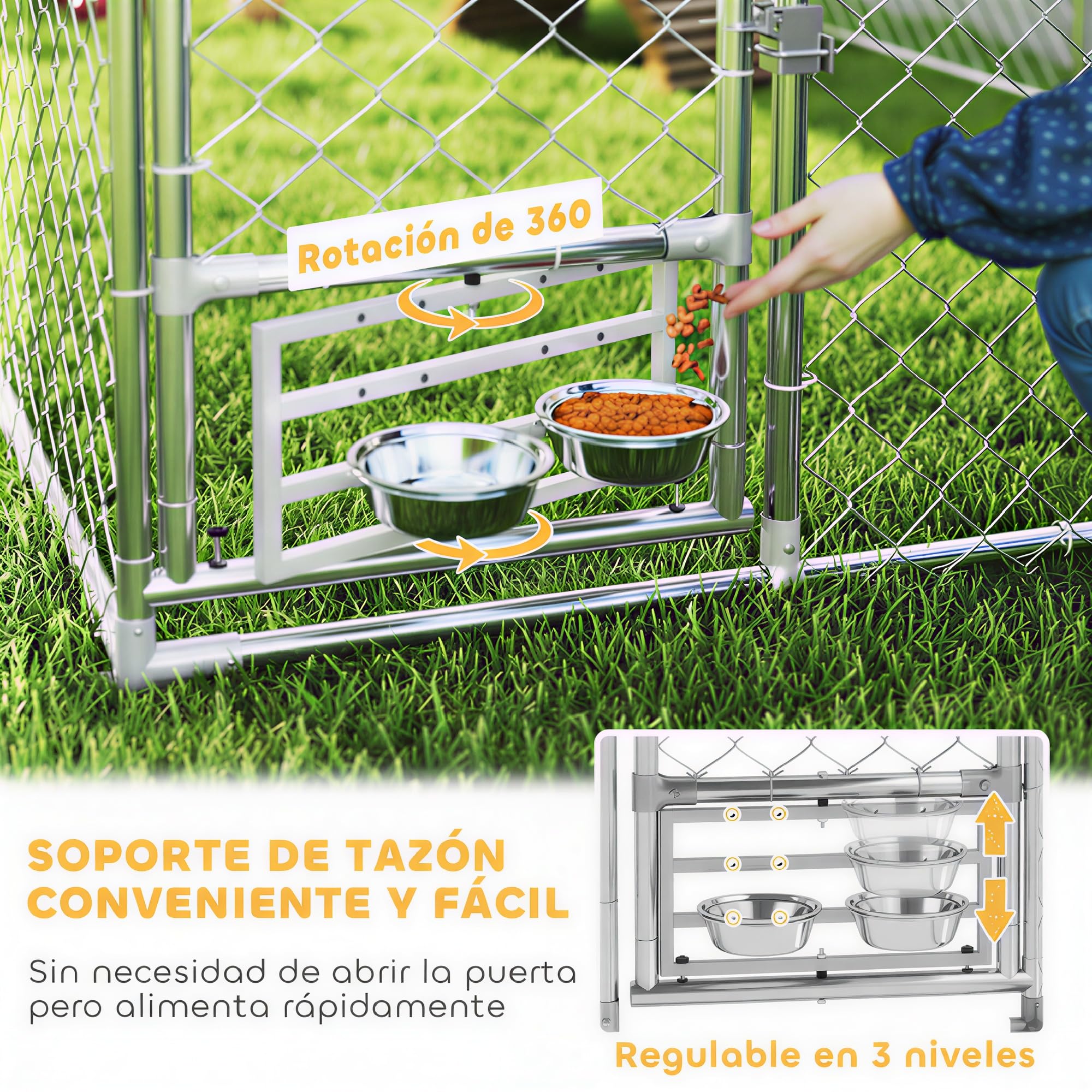 PawHut Perrera de Exterior con Techo Impermeable 2x2x1,55 m Jaula para Perros de Acero Galvanizado Soporte Ajustable y Giratorio para Comida 2 Cuencos para Perros Medianos y Pequeños