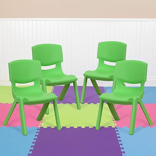 EMMA + OLIVER Paquete de 4 sillas escolares apilables de plástico verde con asiento de 10.5 pulgadas de alto, silla preescolar