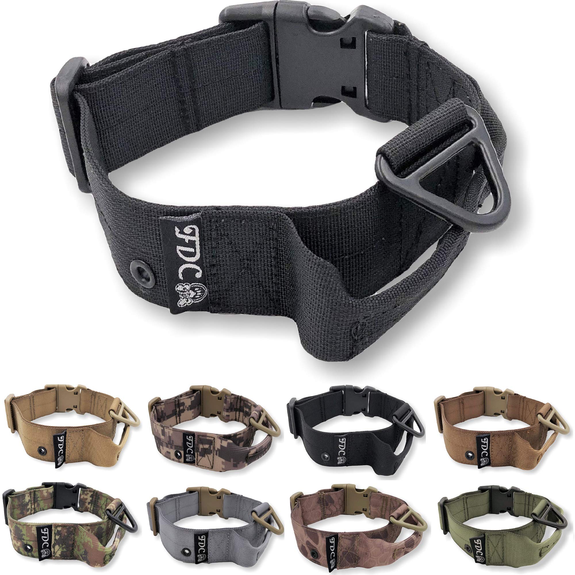 FDC Heavy Duty Dog Tactical Collar with Handle 1.5in Width Training Military Army TAG Hole Medium Large M, L, XL, XXL (M: Neck 12" - 14", Black)