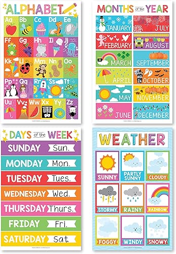 Calendario de 4 letras del alfabeto, meses del año, clima y días de la semana para niños, carteles ABC para decoración de pared, gráficos para